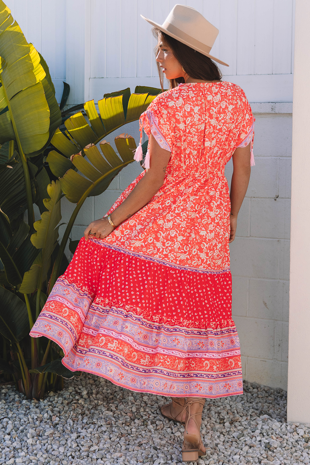 Red Floral Print Tasseled Tied Sleeve Empire Waist Maxi Dress