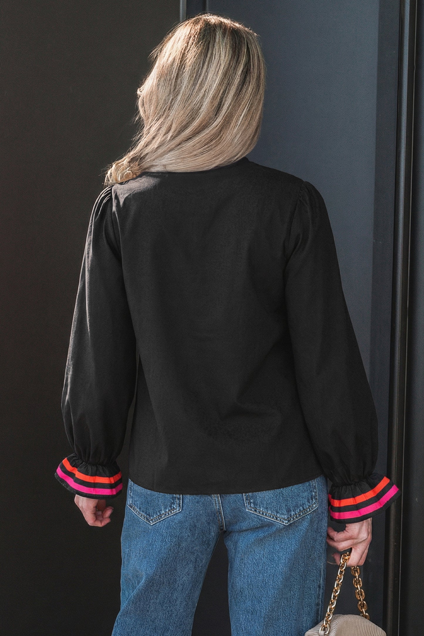 Black Striped Trim Ruffle Split Neck Long Sleeve Blouse