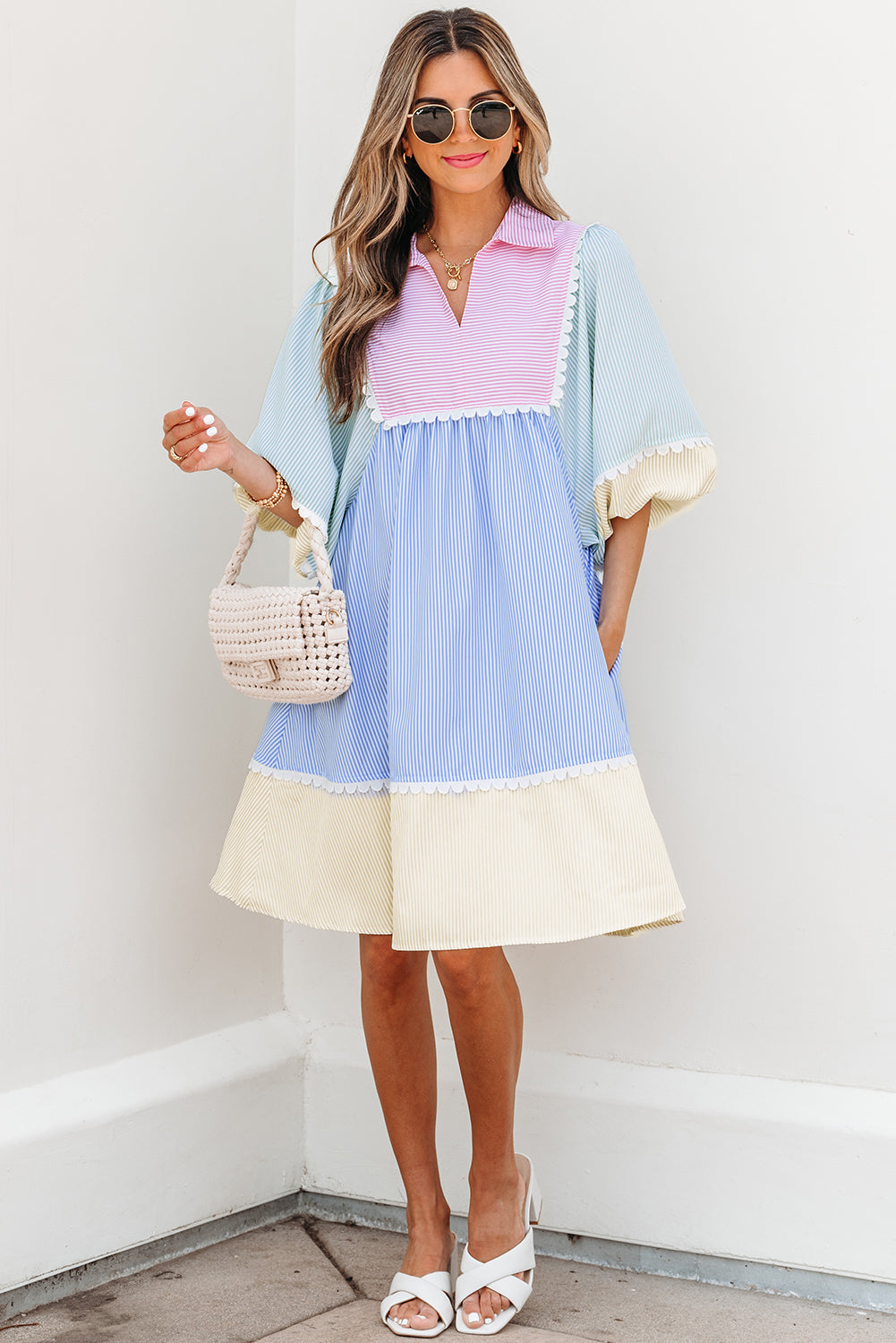 Multicolour Striped Patchwork Ric Rac Puff Sleeve Collared Mini Dress