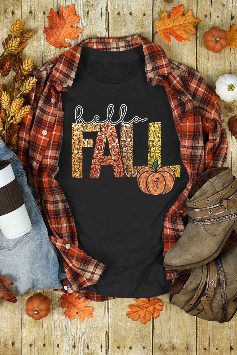 Black Hello Fall Letter Pumpkin Printed Thanksgiving T Shirt