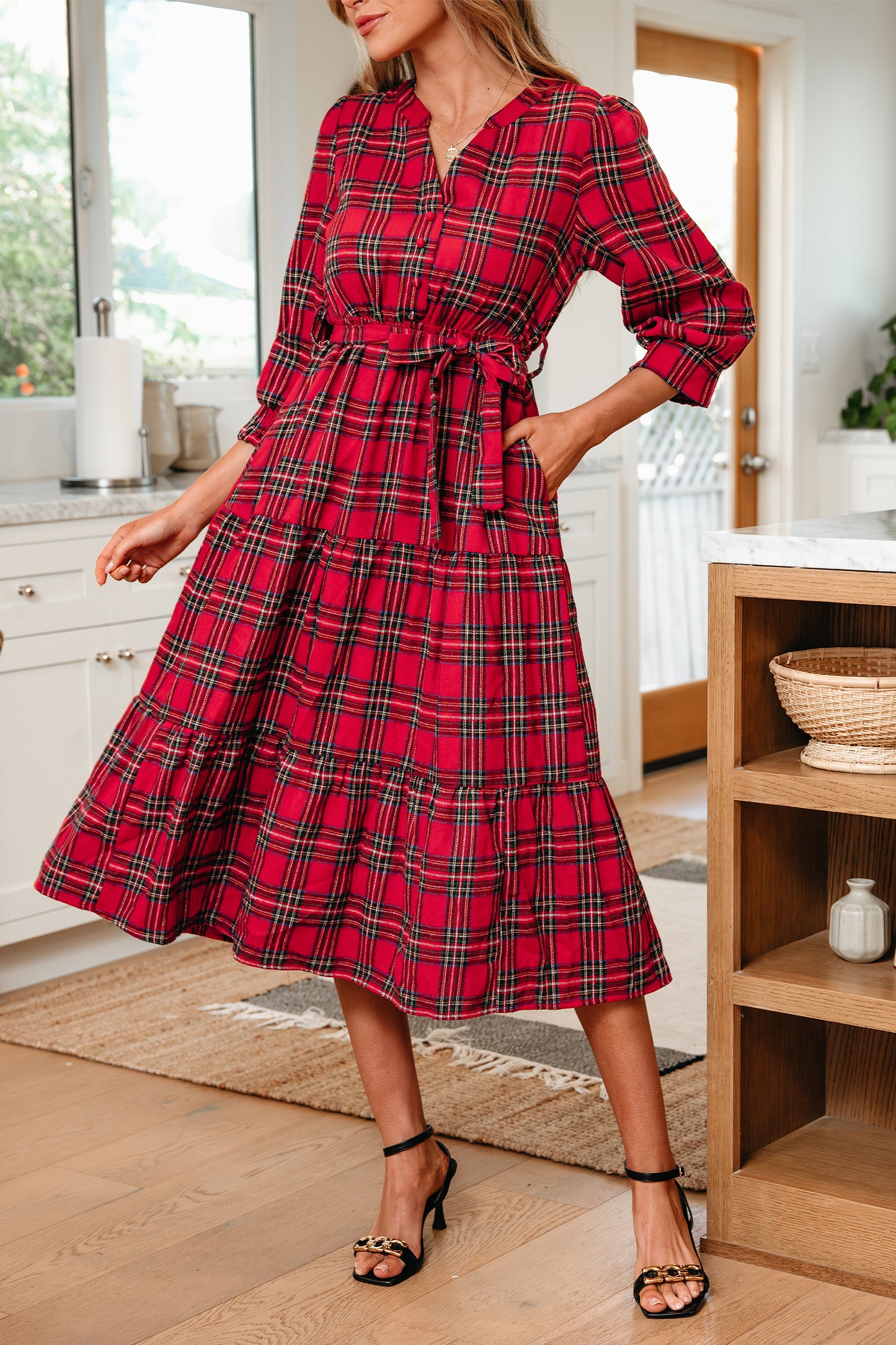 Red Christmas Plaid V Neck 3/4 Sleeve Tie Waist Ruffle Hem Long Dress