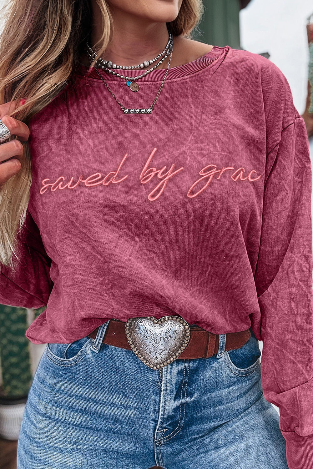 Real Teal saved by grace Letter Embroidery Mineral Wash Loose Sweatshirt