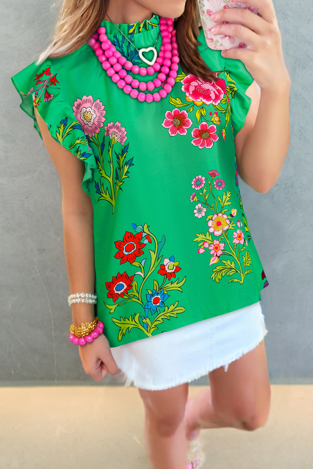 Green Floral Print Flutter Sleeve Frilly Neck Blouse
