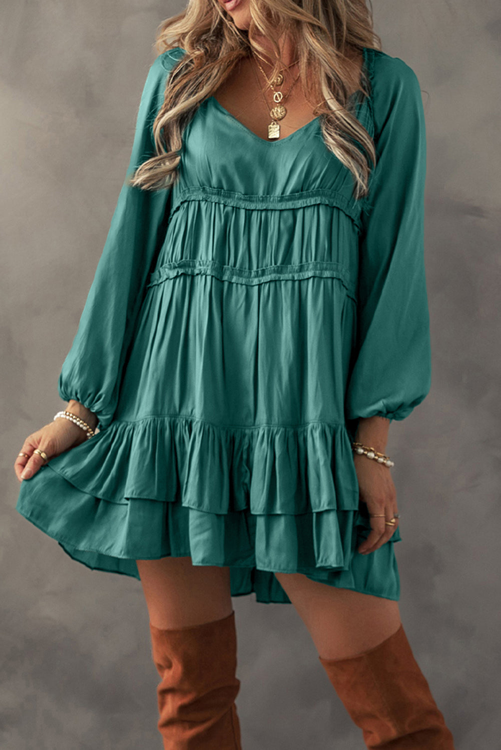 Apricot Tiered Ruffled Puff Sleeve Loose Fit Mini Dress