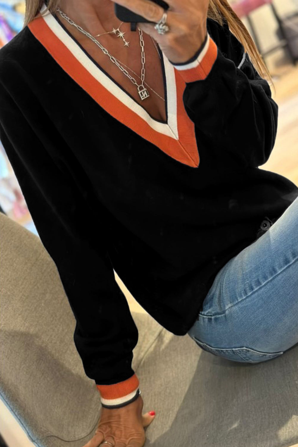 Gray Contrast Striped Trim V Neck Varsity Sweater