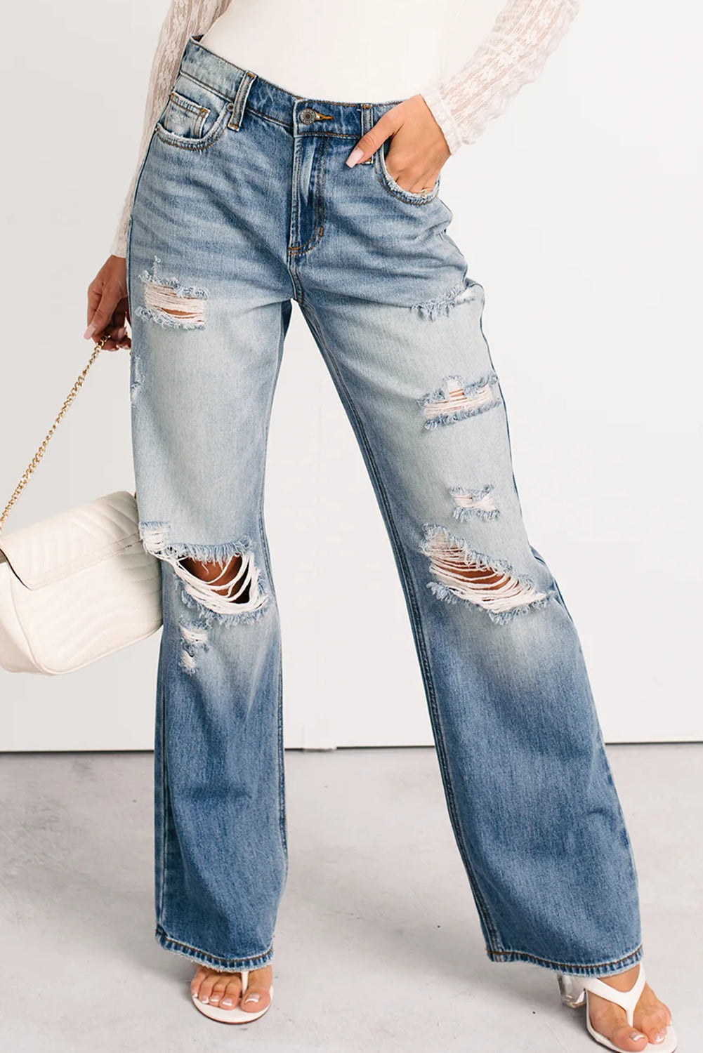 Myosotis Mid Rise Distressed Sneak Peek Straight Leg Jeans