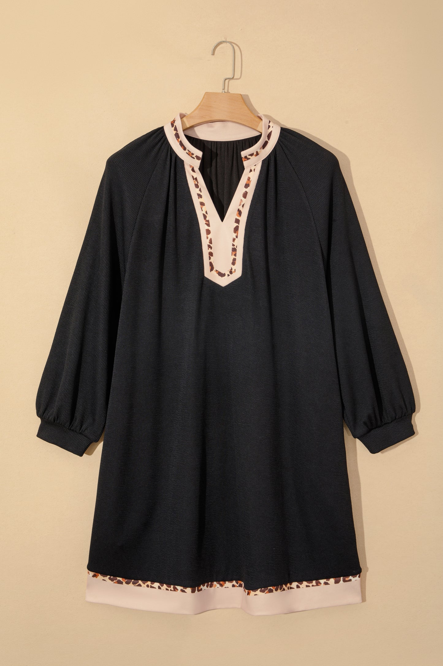 Black Contrast Color Block Leopard Trim Plus Size Ribbed Dress