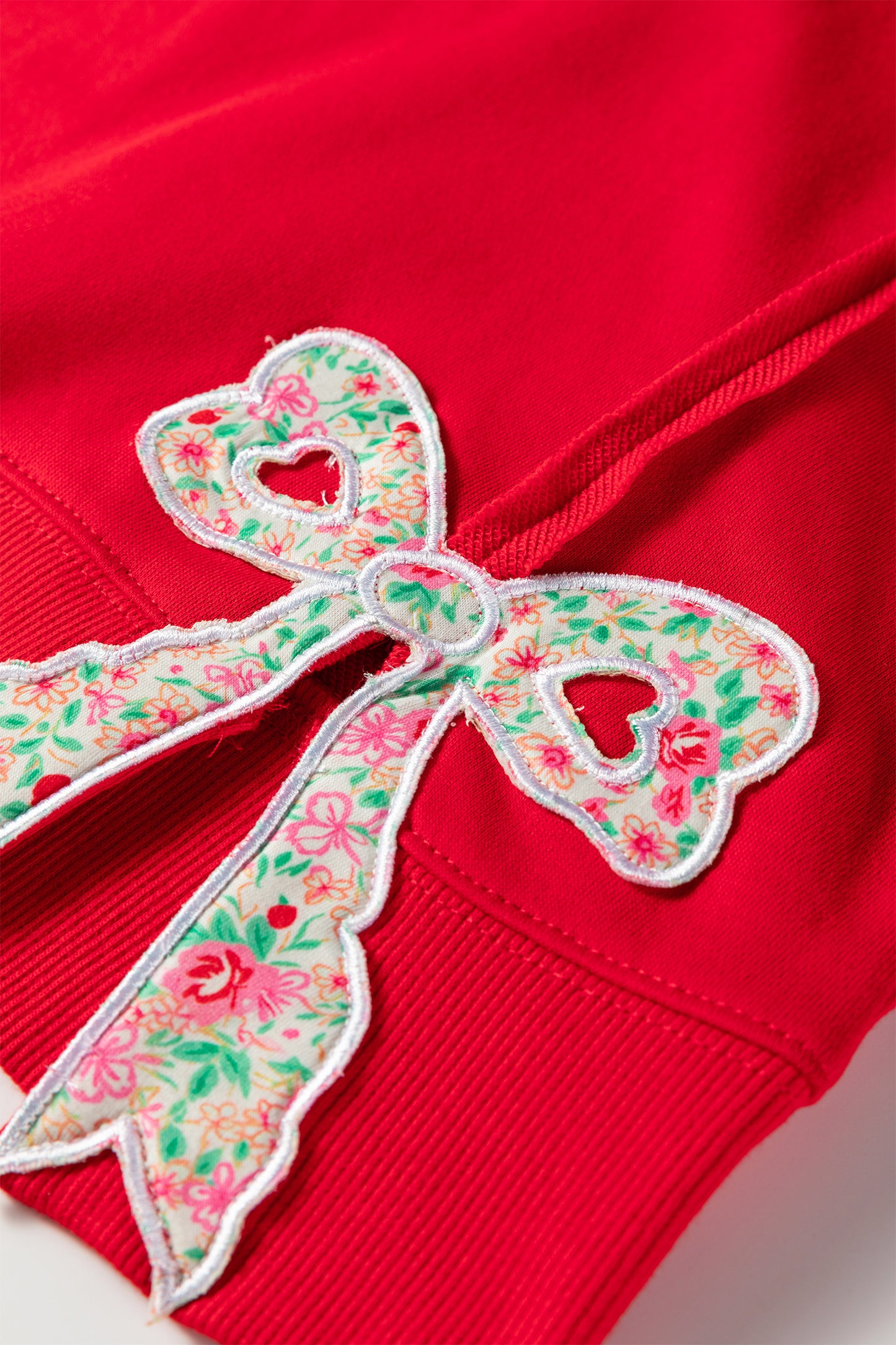 Fiery Red Floral Bow Patched Exposed Seam Patchwork Slit Baggy Sweatshirt