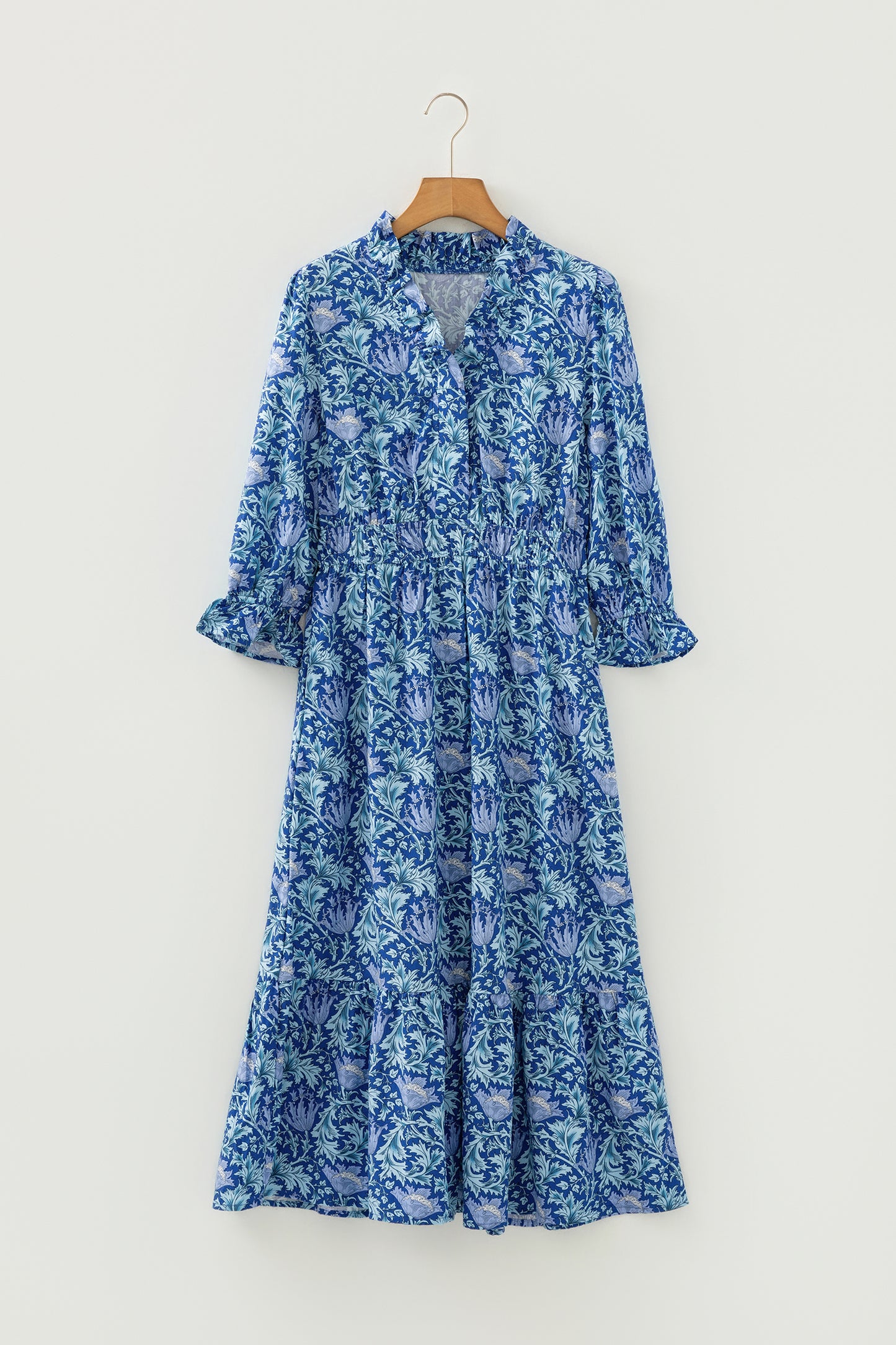 Brown Floral Printed Frilled V Neck Bracelet Sleeve Long Dress