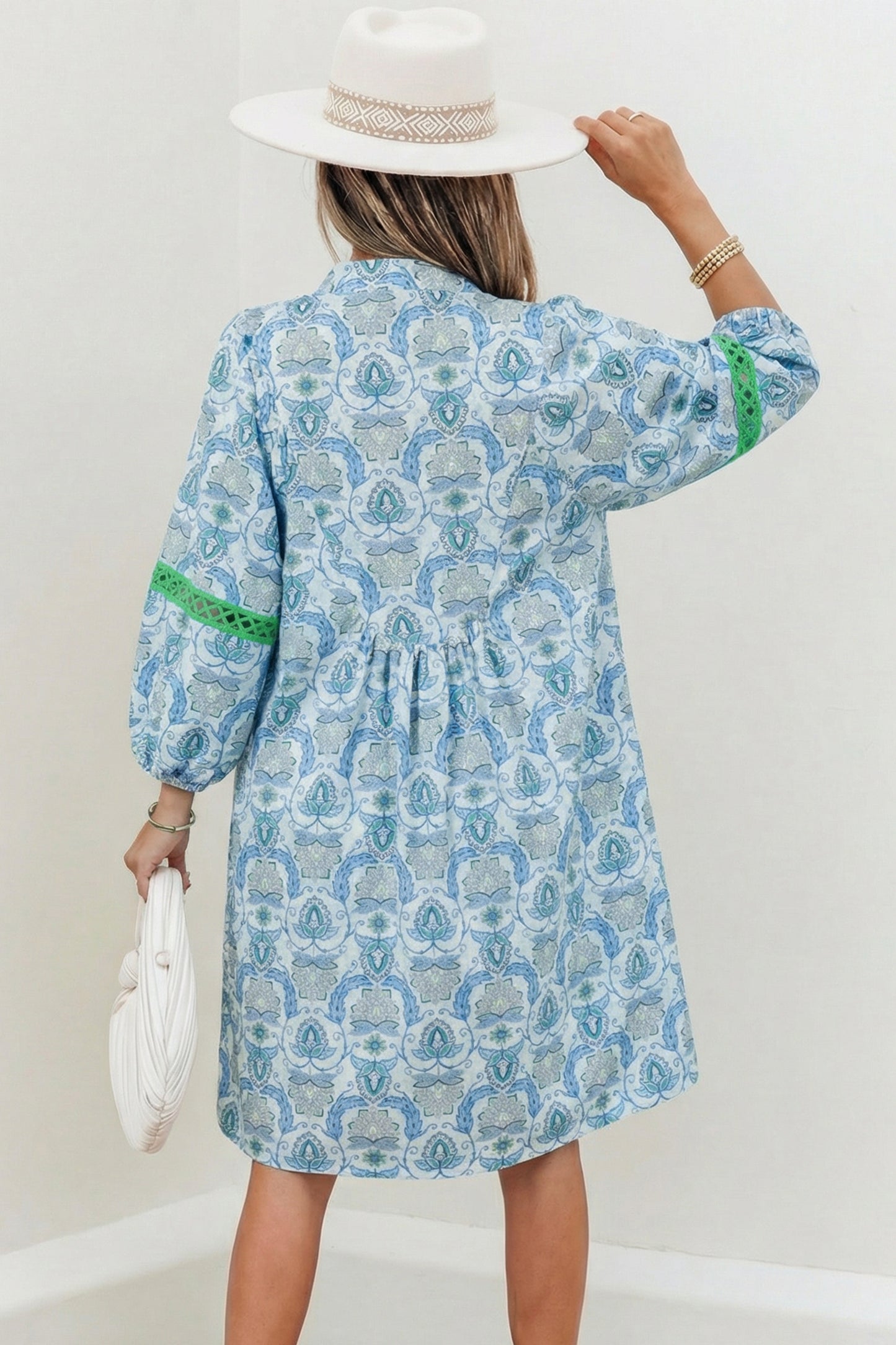 Sky Blue Boho Paisley Print Contrasted Patchwork Detail Bracelet Sleeve Loose Mini Dress