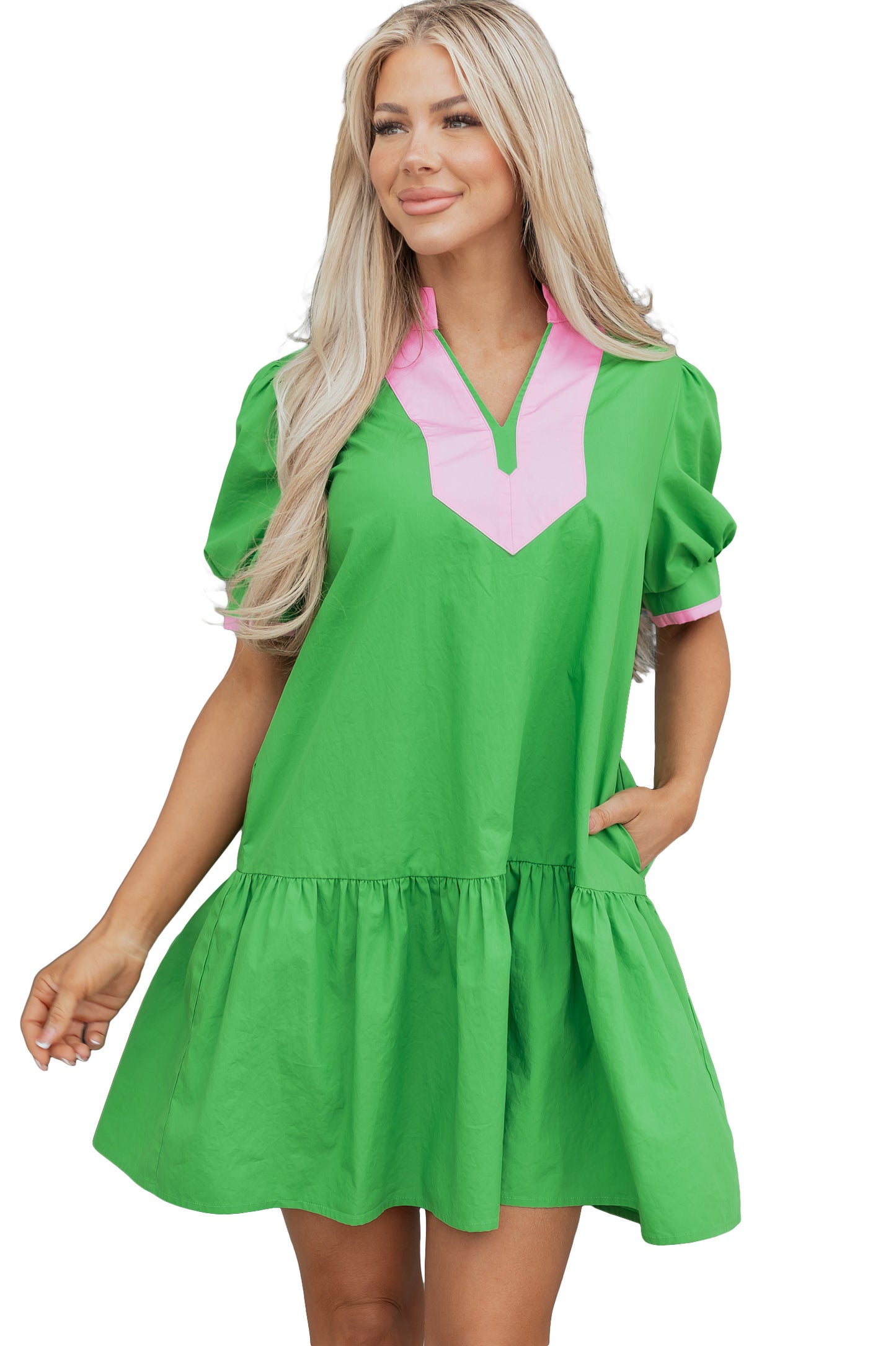 Bright Green Color Block Detail Split Neck Short Puff Sleeve Ruffle Hem Mini Dress