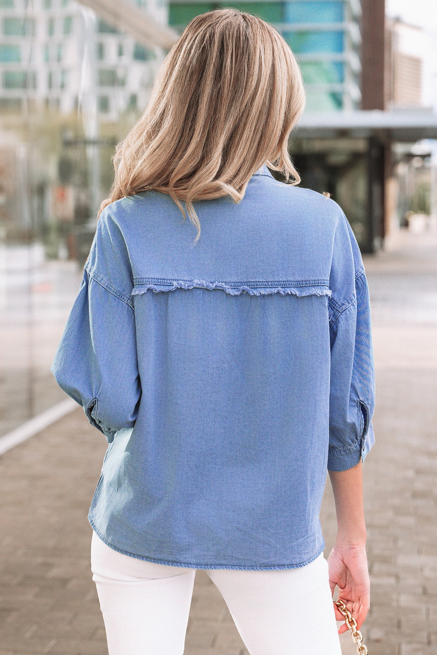 Myosotis Washed Drop Shoulder Bracelet Sleeve Chambray Shirt