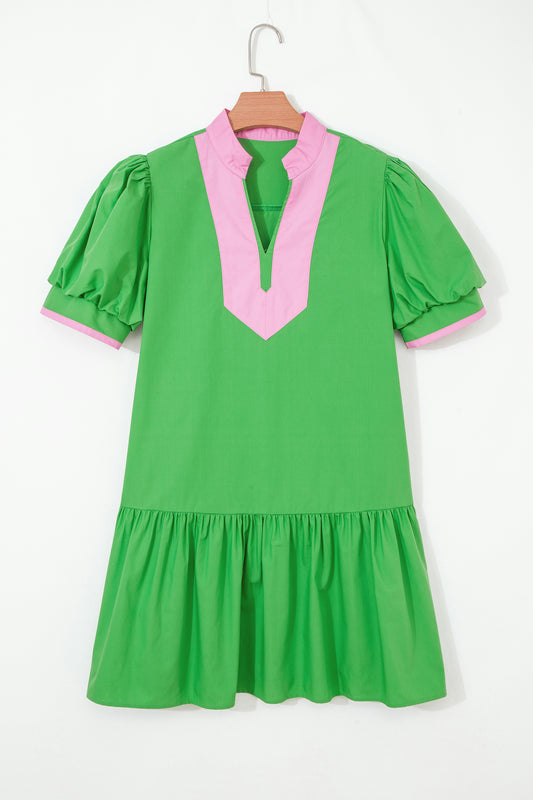 Bright Green Color Block Detail Split Neck Short Puff Sleeve Ruffle Hem Mini Dress