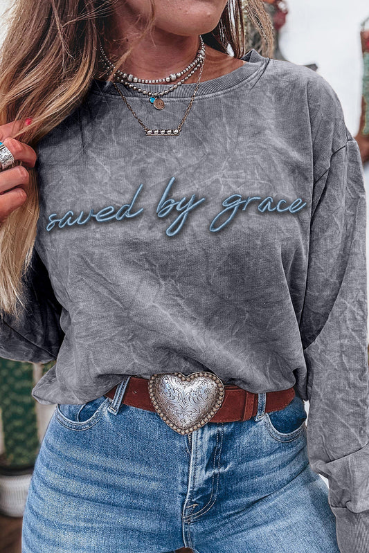 Real Teal saved by grace Letter Embroidery Mineral Wash Loose Sweatshirt