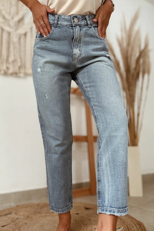 Beau Blue Slightly Distressed Ankle-length Straight Jeans