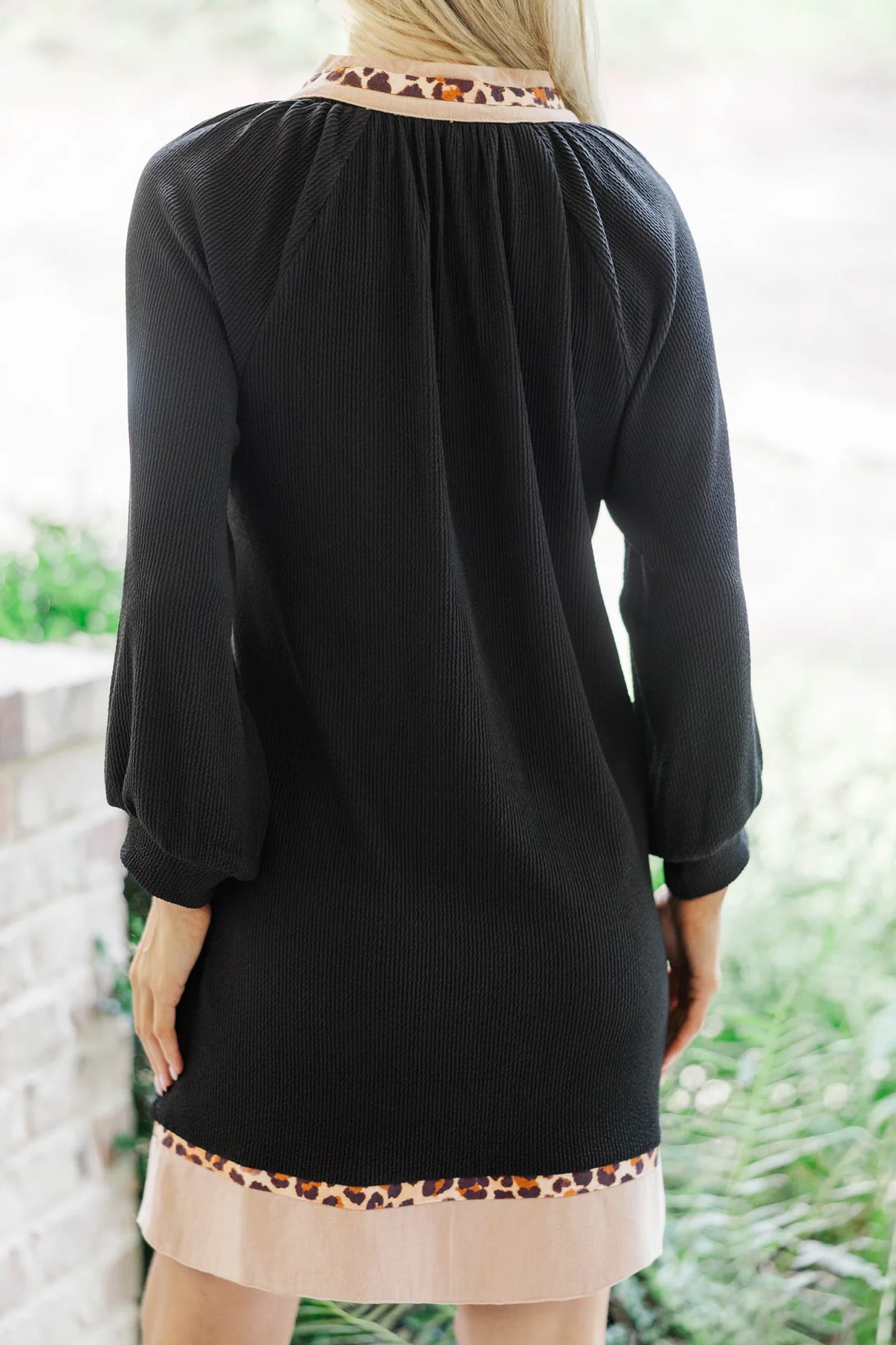 Black Contrast Color Block Leopard Trim Plus Size Ribbed Dress