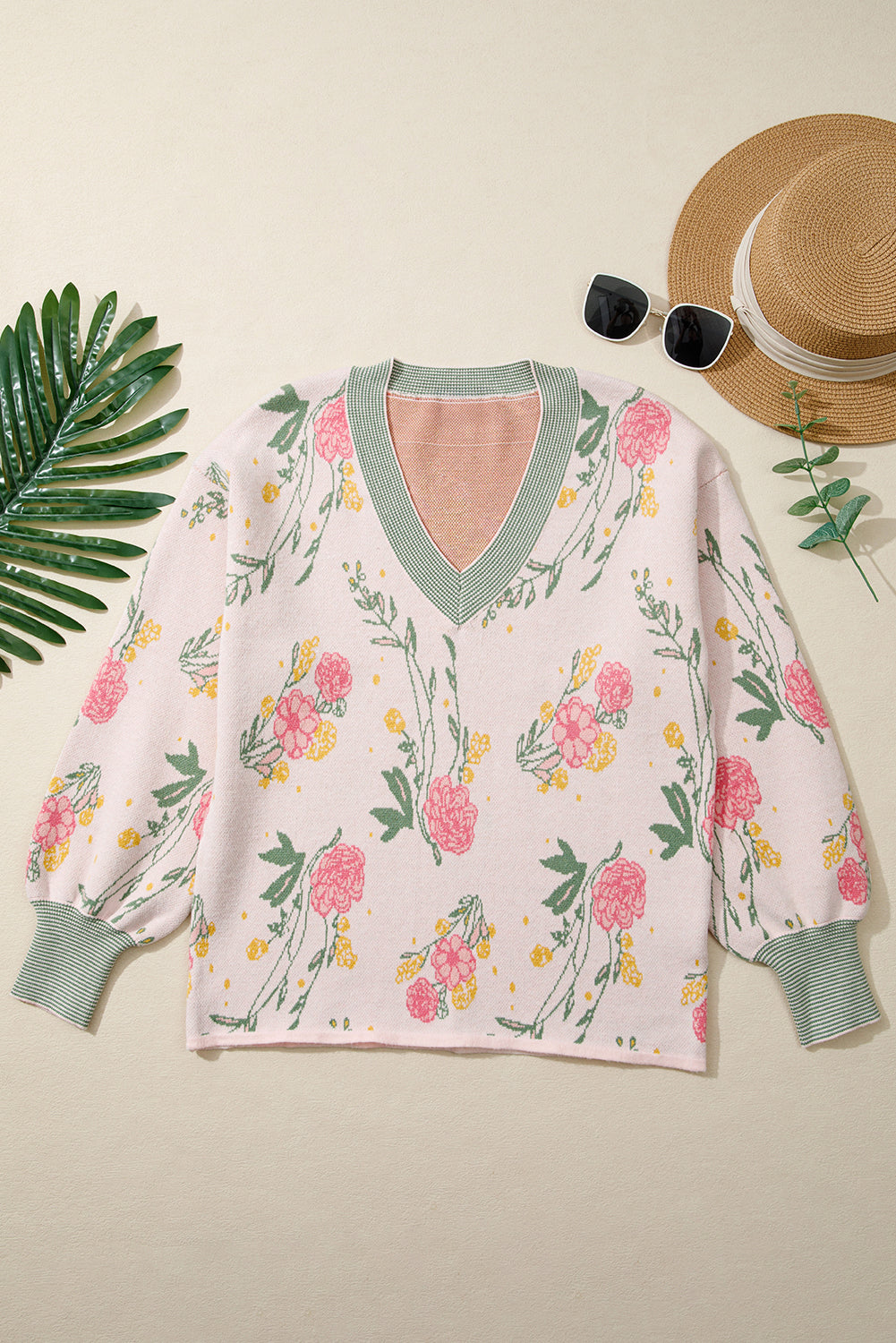 Pink Floral Pattern Striped V Neck Loose Sweater