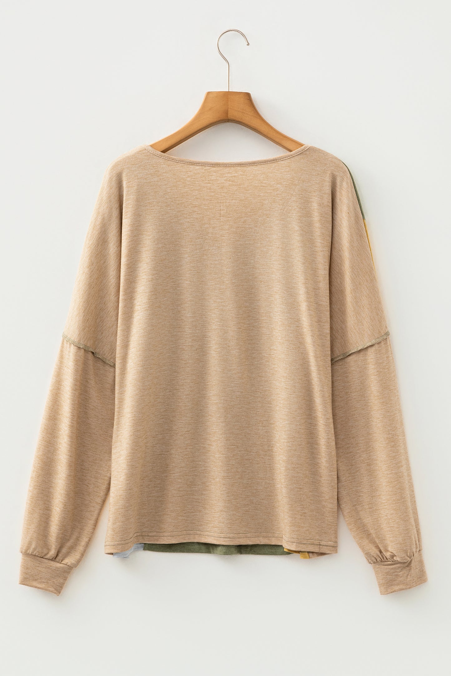 Jungle Green Exposed Stitching Colorblock V Neck Long Sleeve Top