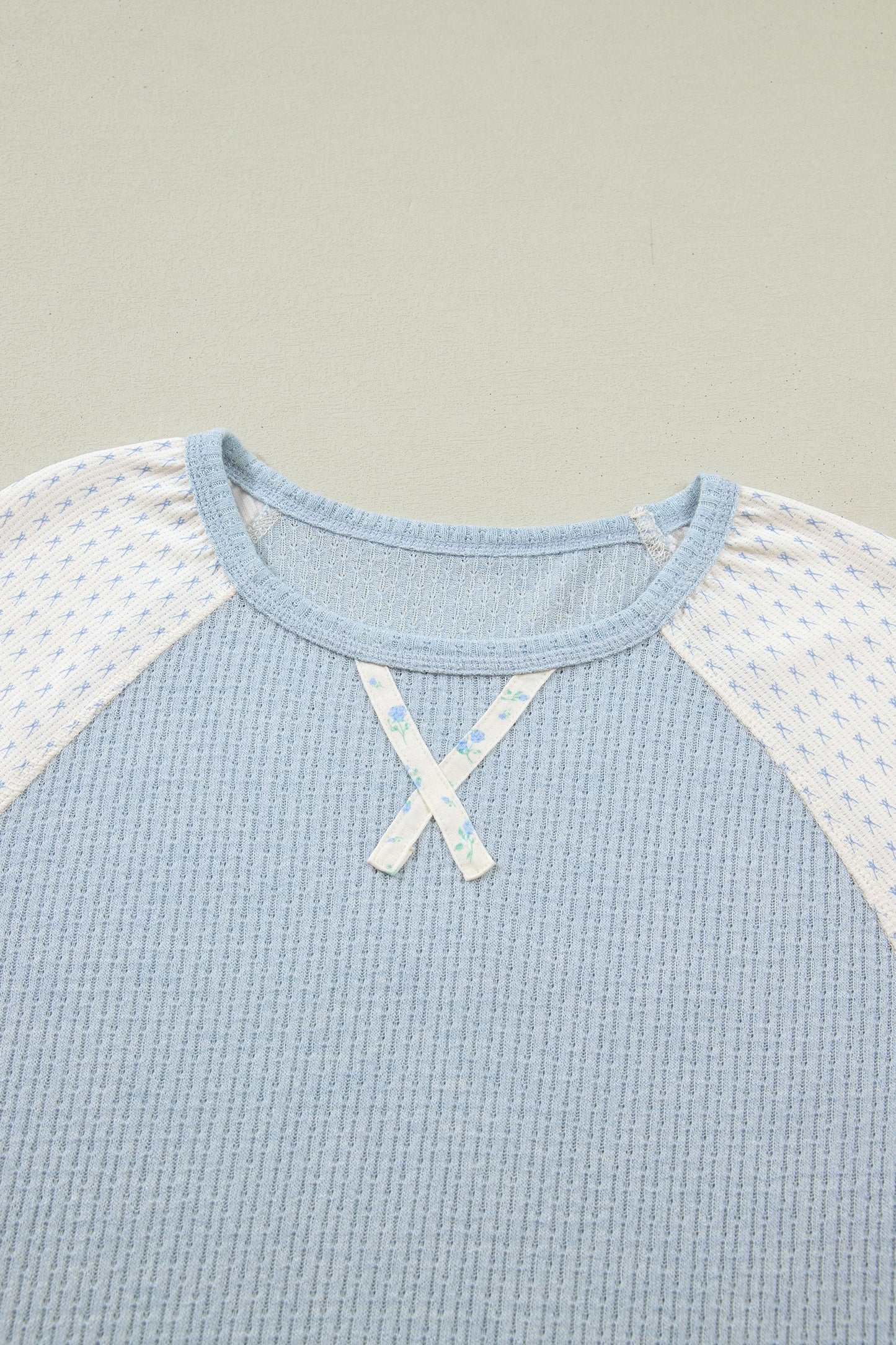 Beau Blue Textured Knit Color Block Floral Patchwork Long Sleeve Top