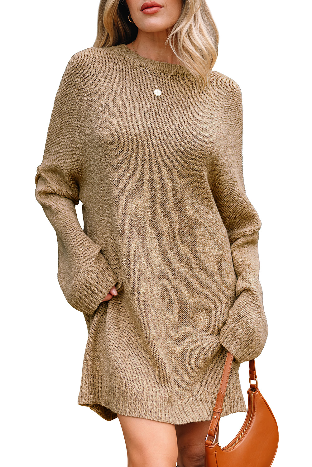 Pale Khaki Oversize Drop Shoulder Slouchy Sweater Dress