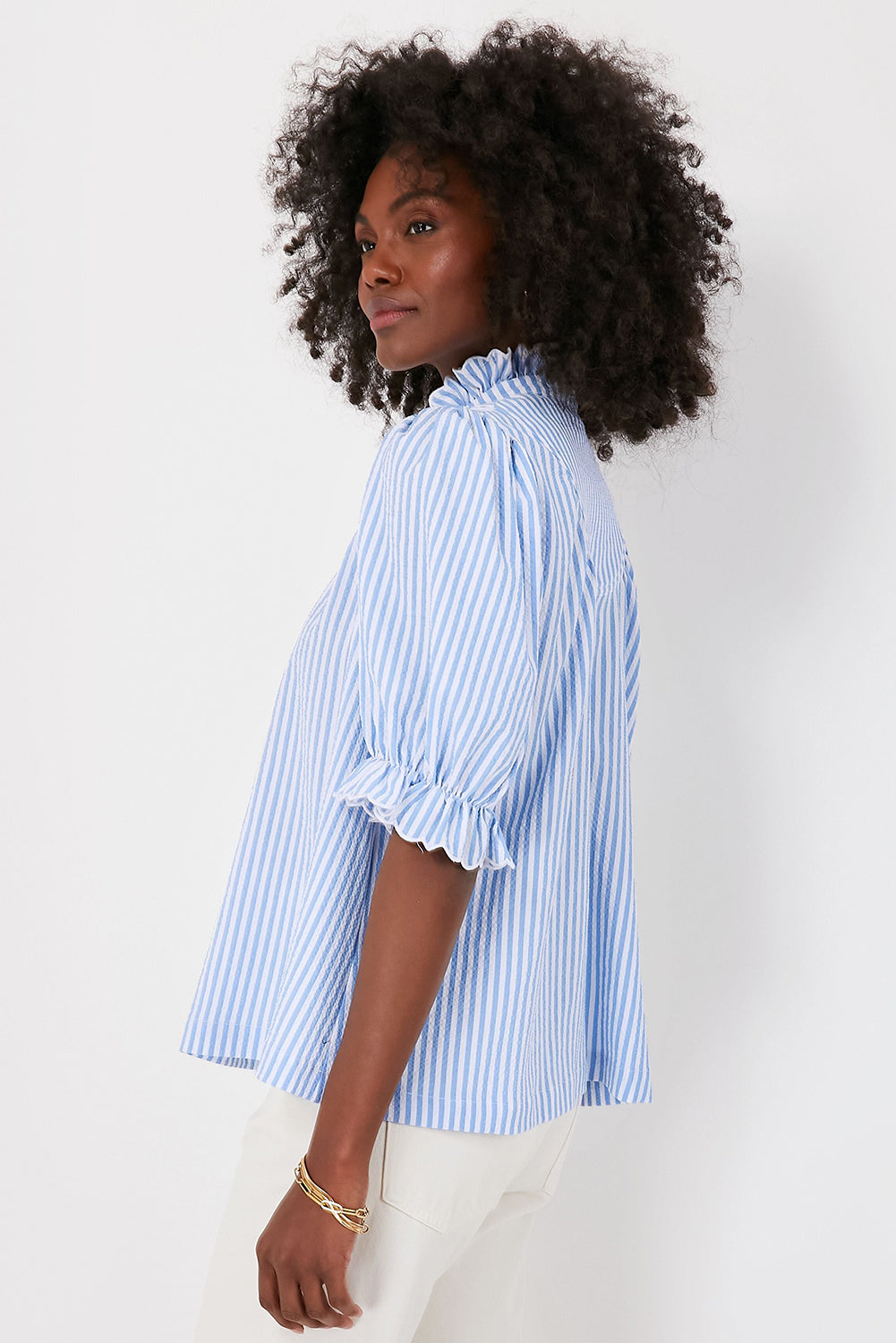Sky Blue Stripe Ruffled Collar Puff Sleeve Half Buttons Blouse