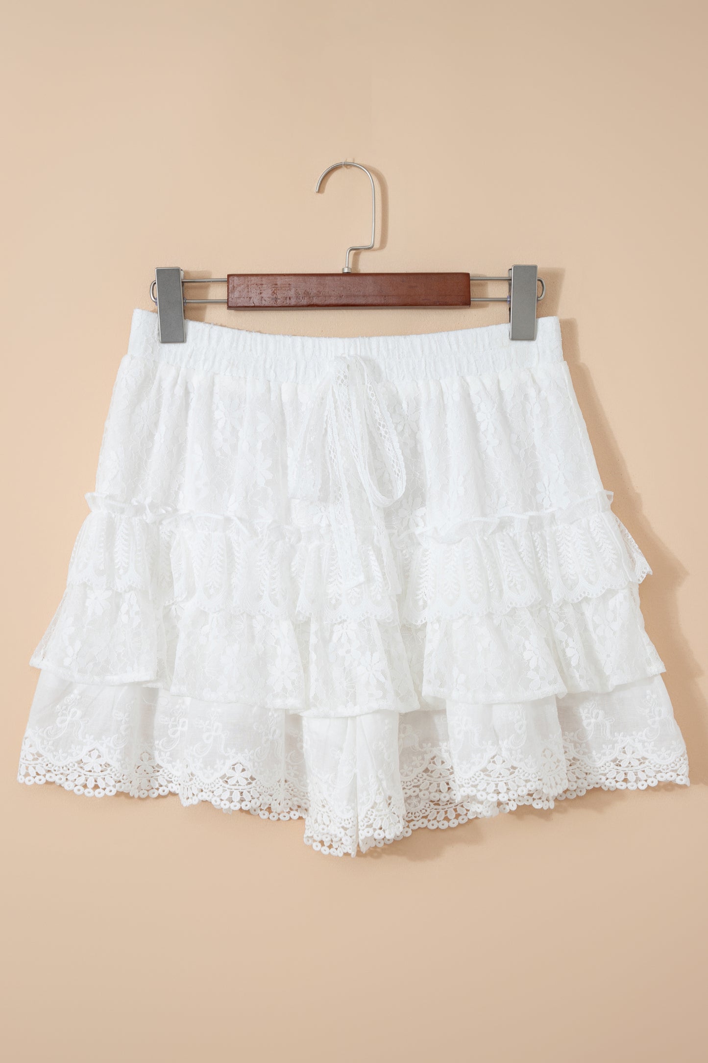 White Lace Ruffle Tiered Drawstring Elastic Waist Sweet Shorts