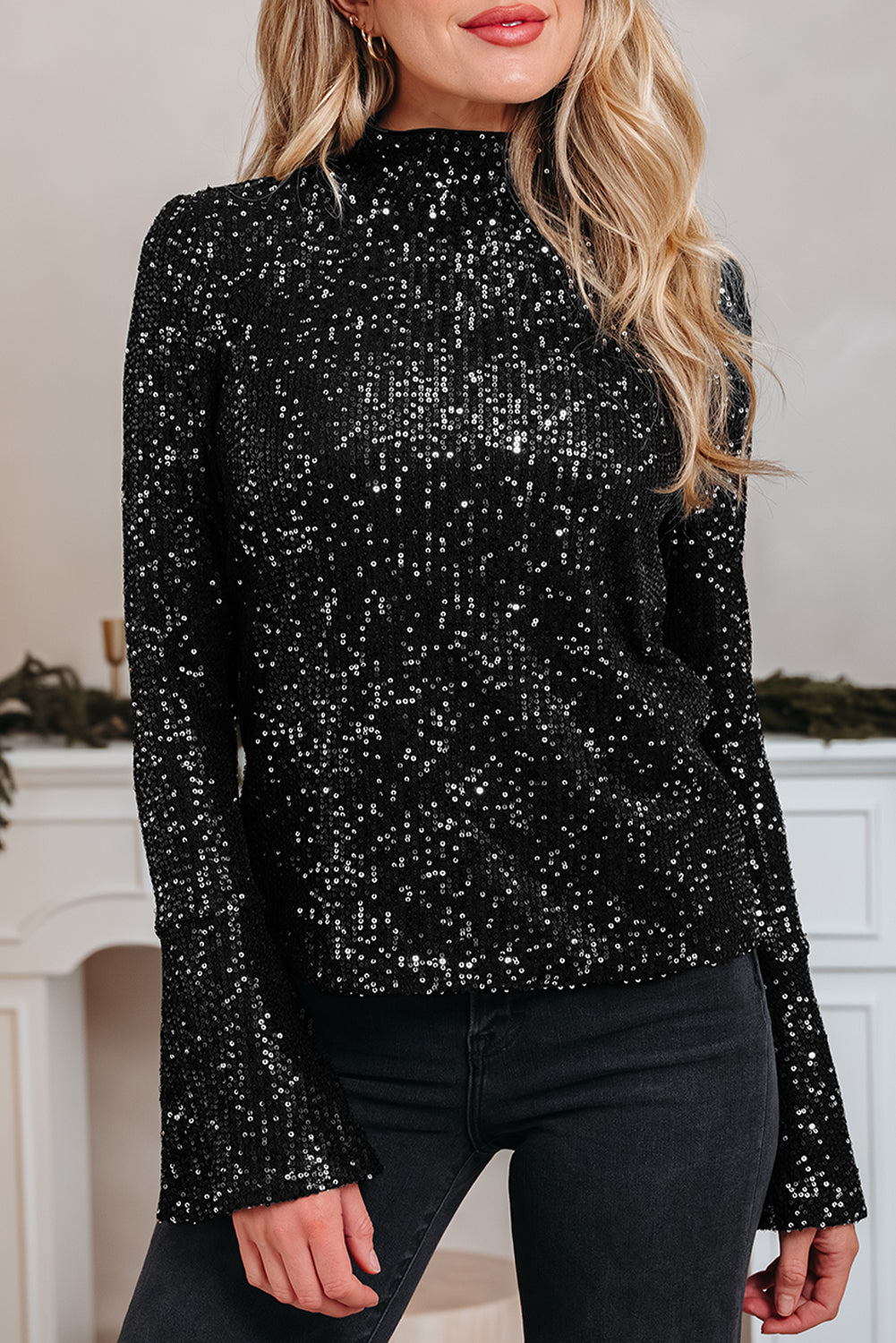 Jet Stream Sequin Mock Neck Drape Open Back Bell Sleeve Top