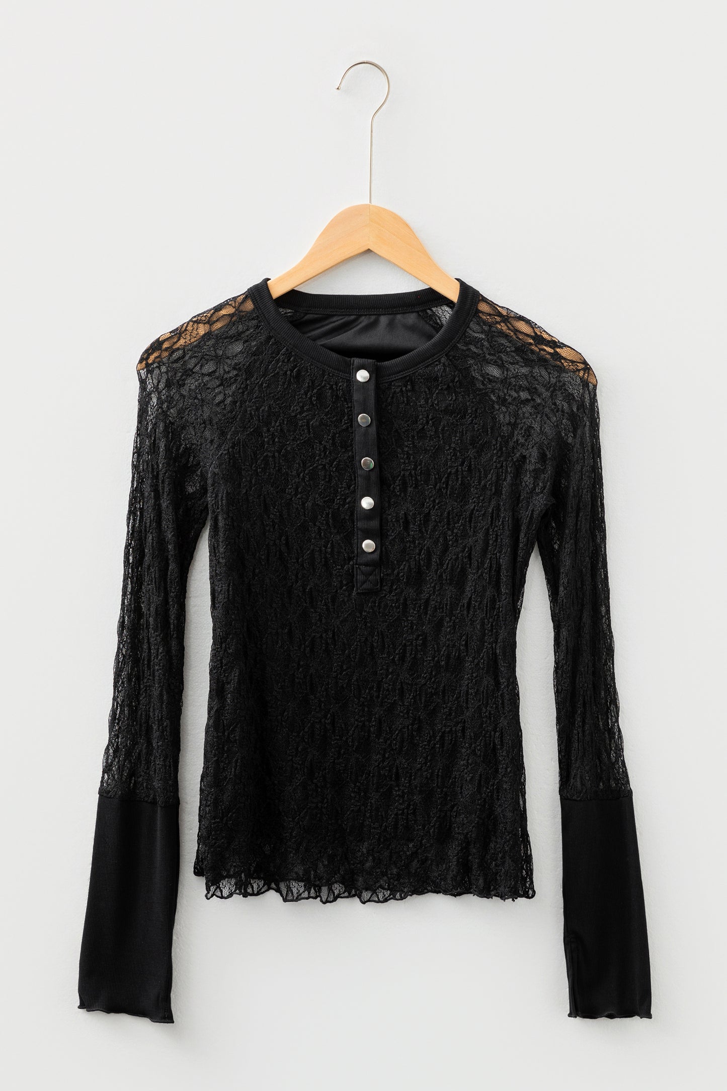 White Sheer Lace Long Sleeve Slim Henley Top