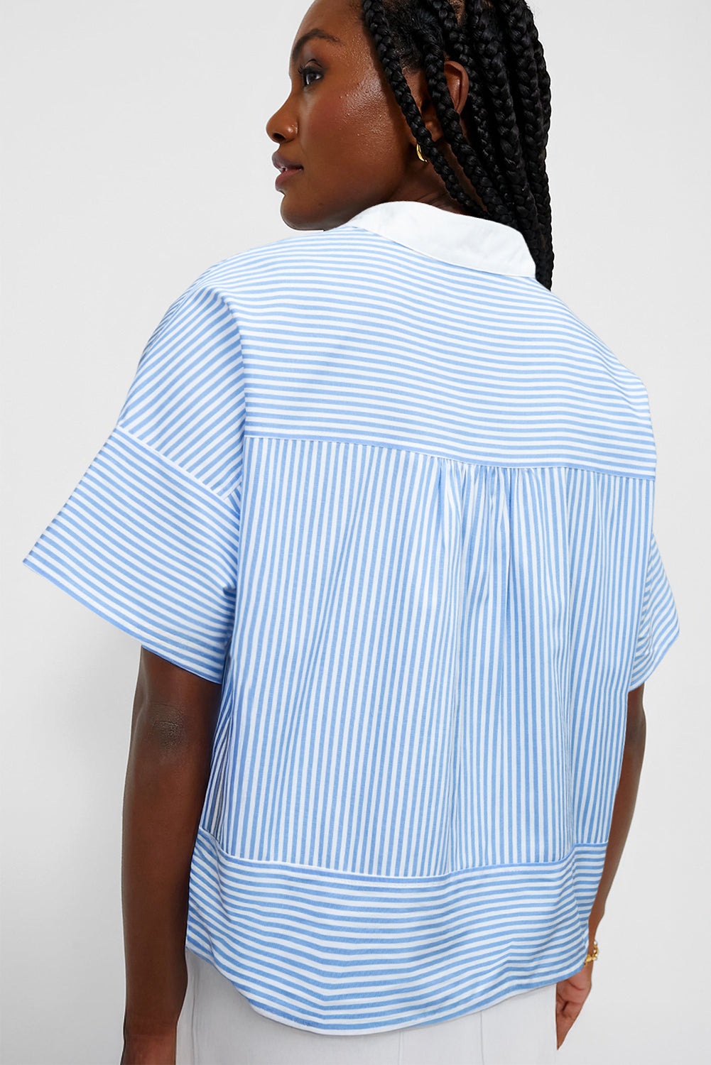 Sky Blue Stripe Contrast Collar Patchwork Hidden Button Short Sleeve Summer Shirt