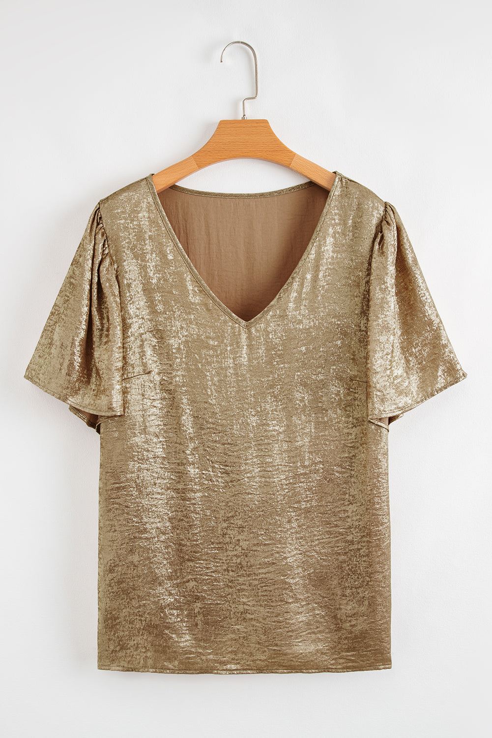 Gold Plus Size Metallic V Neck Short Sleeve Blouse