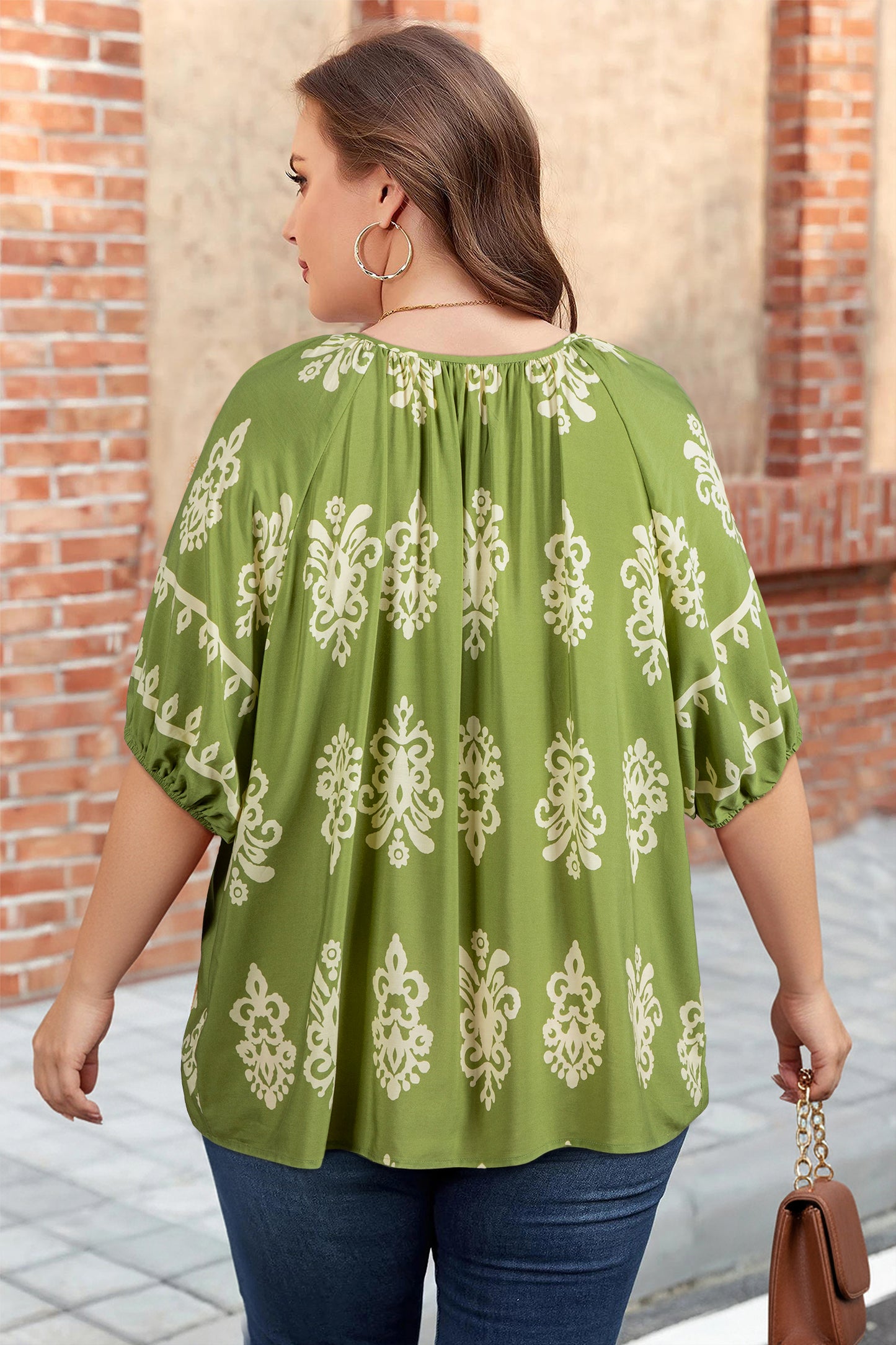 Green Boho Chic Notched V Neck Plus Floral Short Sleeve Top