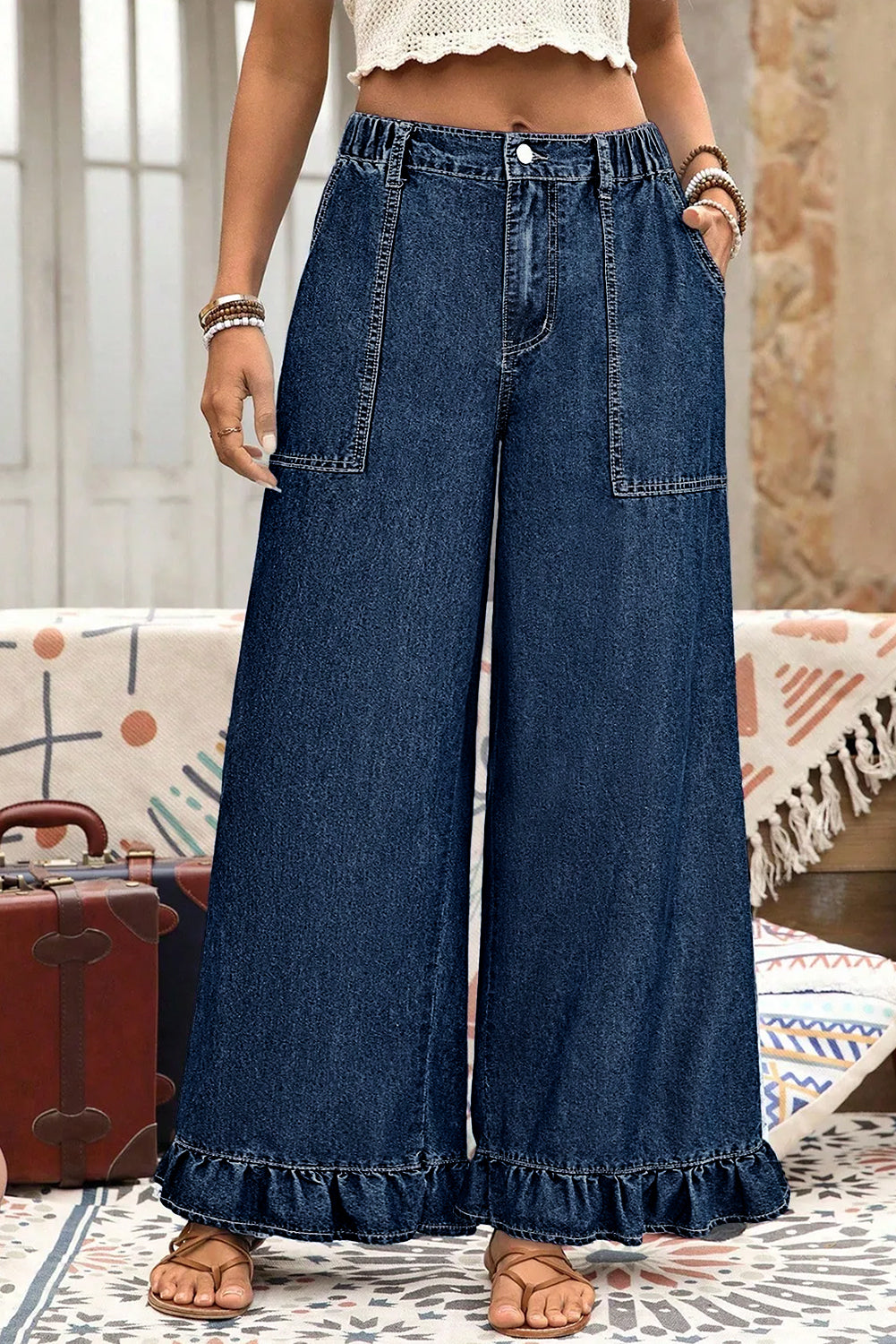 Black Plus Size Elastic Waist Ruffled Wide Leg Denim Pants