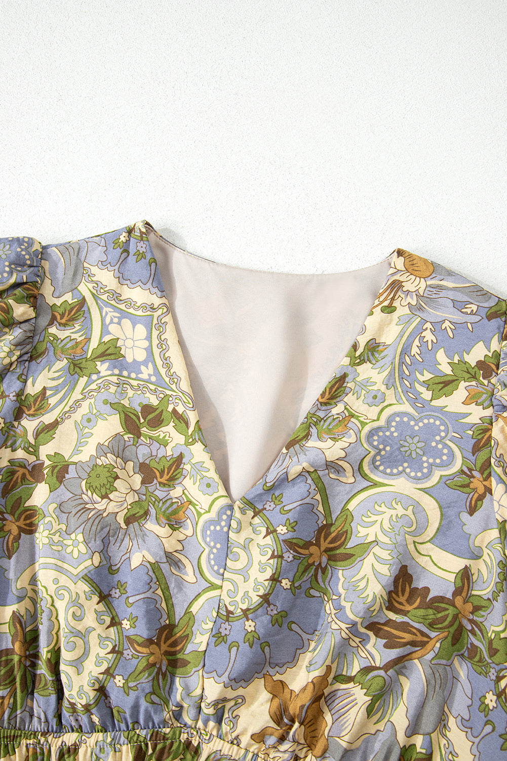 Multicolour Vintage Floral V Neck Short Puff Sleeve Long Dress