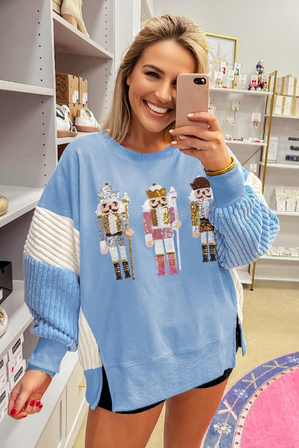 Light Pink Sequin Nutcracker Textured Sleeve Patchwork Color Block Sweatshirt