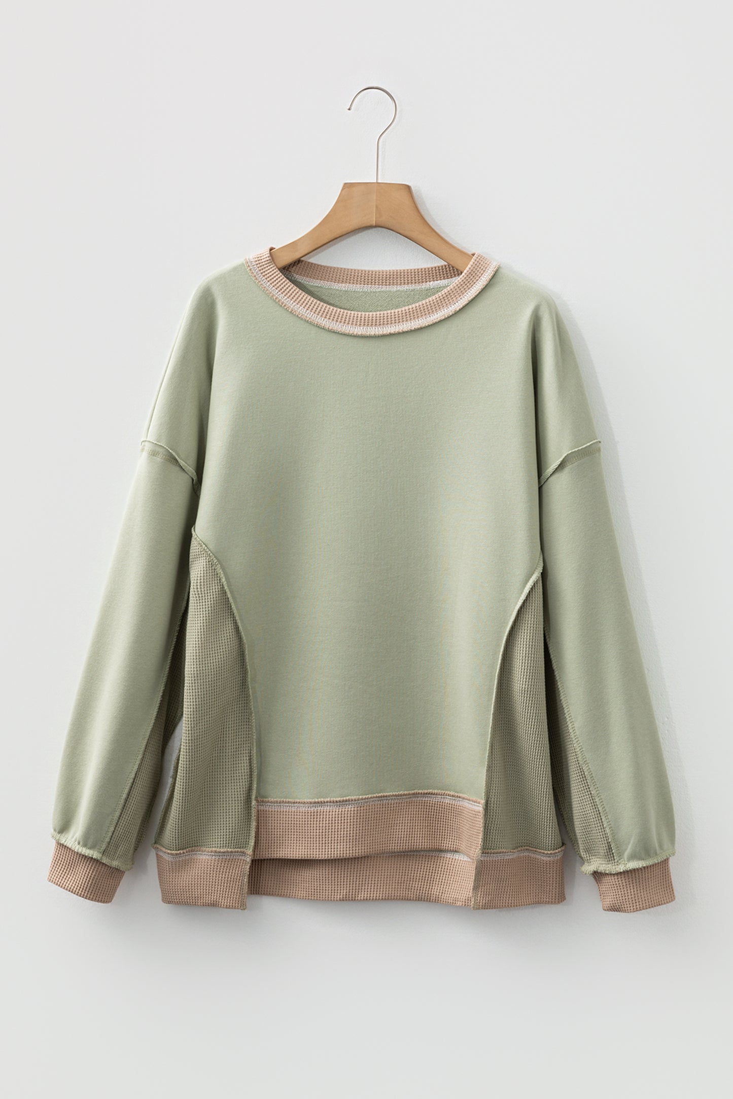 Smoke Green Color Block Mix Texture Waffle Patchwork Oversize Sweatshirt