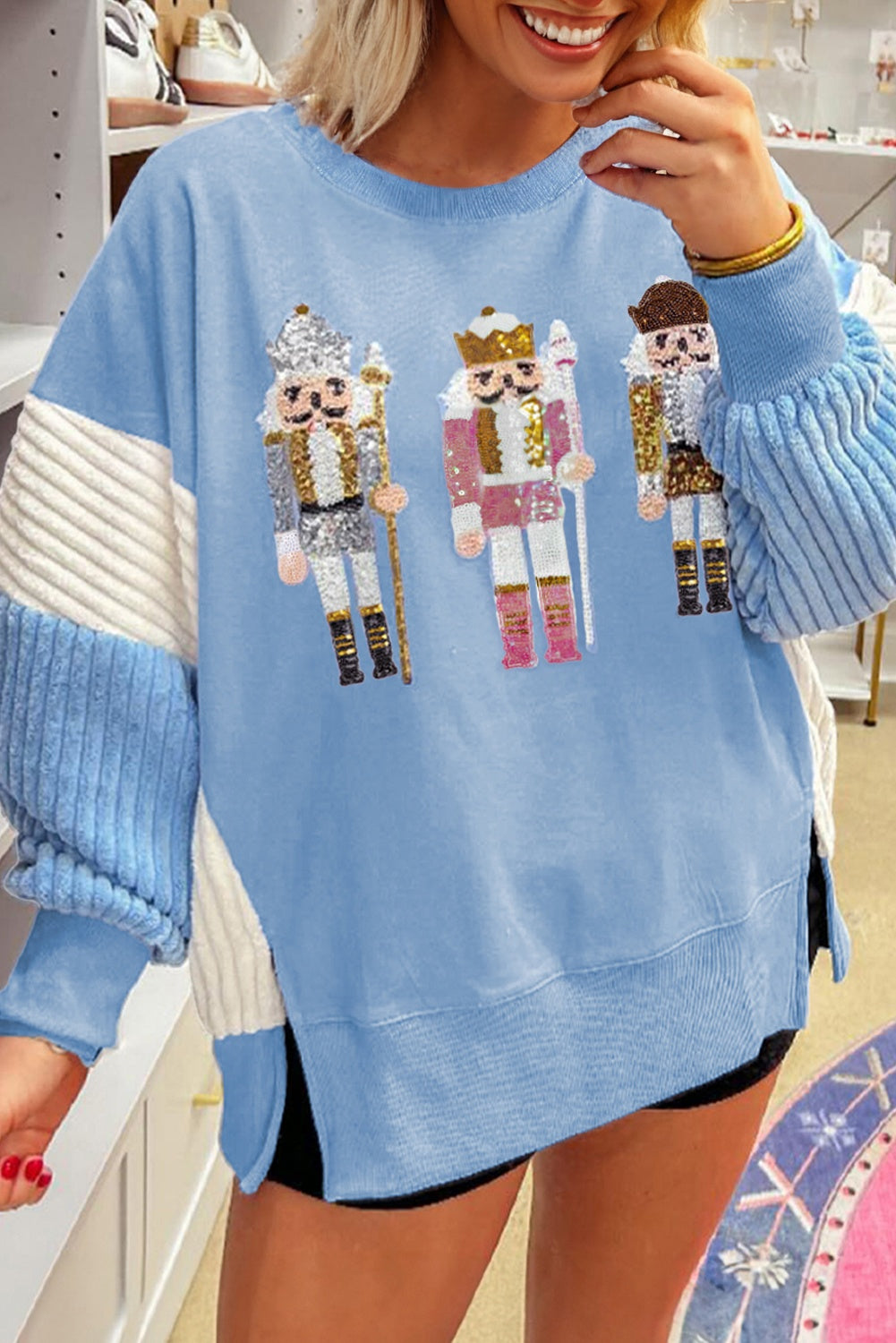 Light Pink Sequin Nutcracker Textured Sleeve Patchwork Color Block Sweatshirt