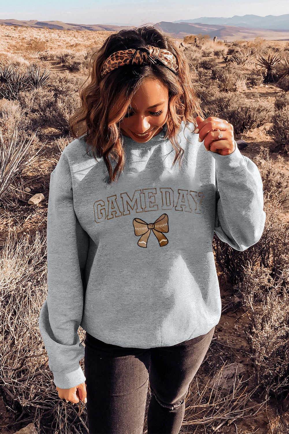 Gray GAME DAY Rugby Bow Embroidered Casual Sweatshirt