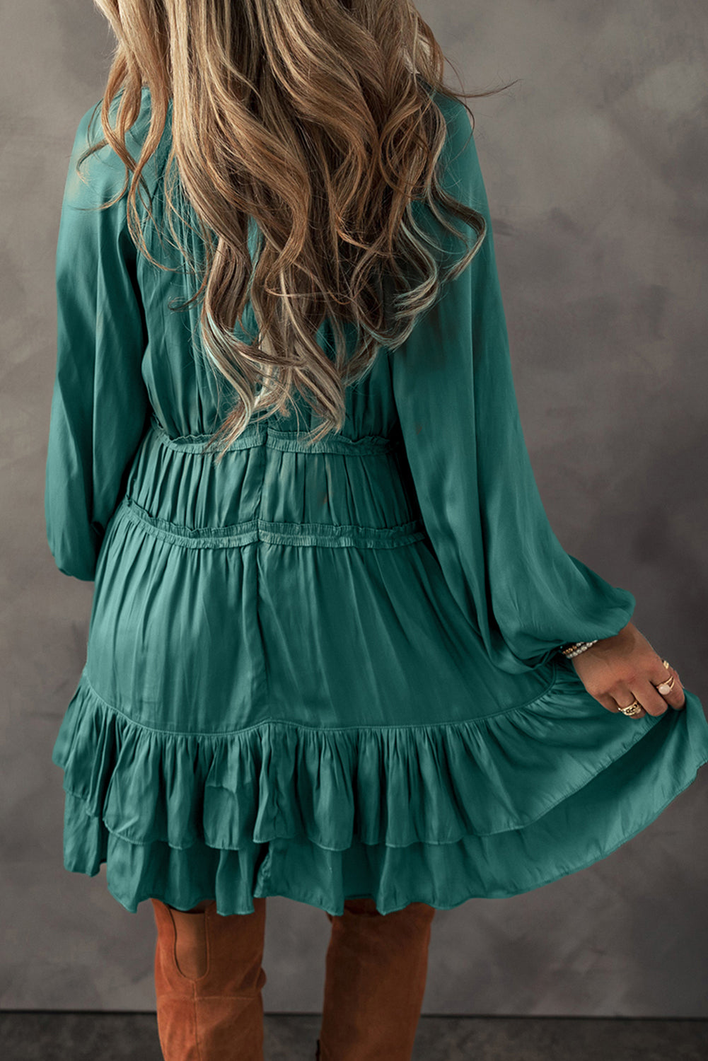 Apricot Tiered Ruffled Puff Sleeve Loose Fit Mini Dress