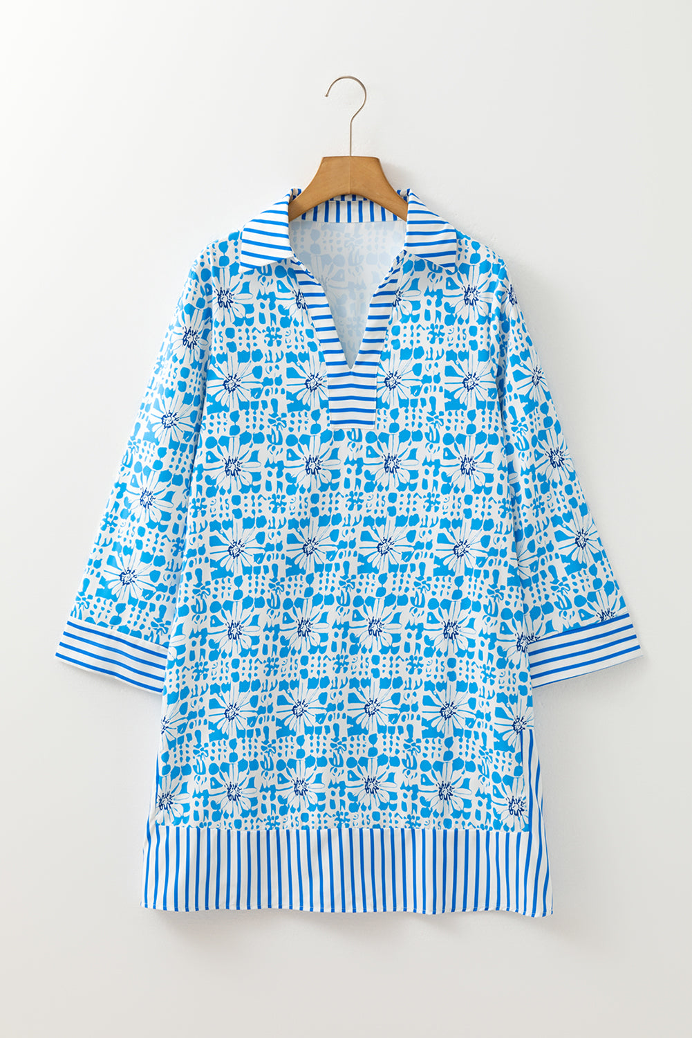 Sky Blue Contrast Striped Trim Floral Shift Fit Fall Dress