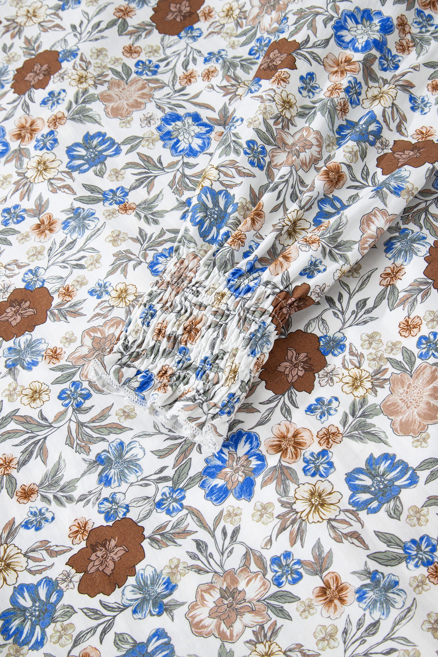 Brown Plaid Frilled Trim V Neck Floral Long Sleeve Blouse