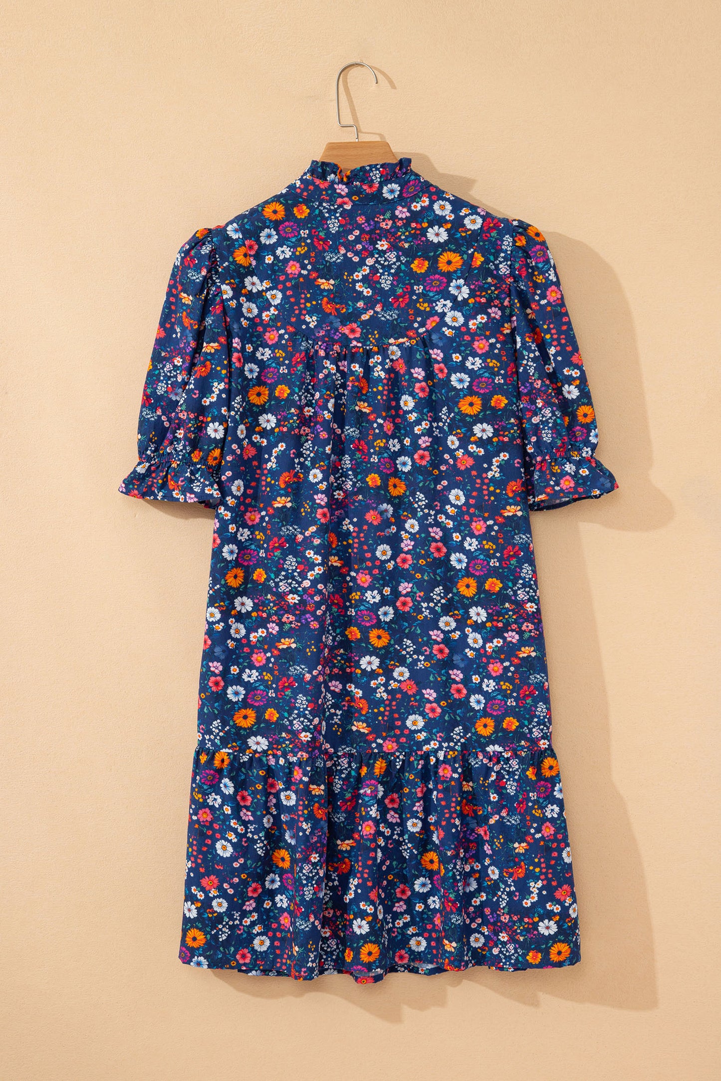 Blue Wild Daisy Floral Split Neck Short Puff Sleeve Mini Dress