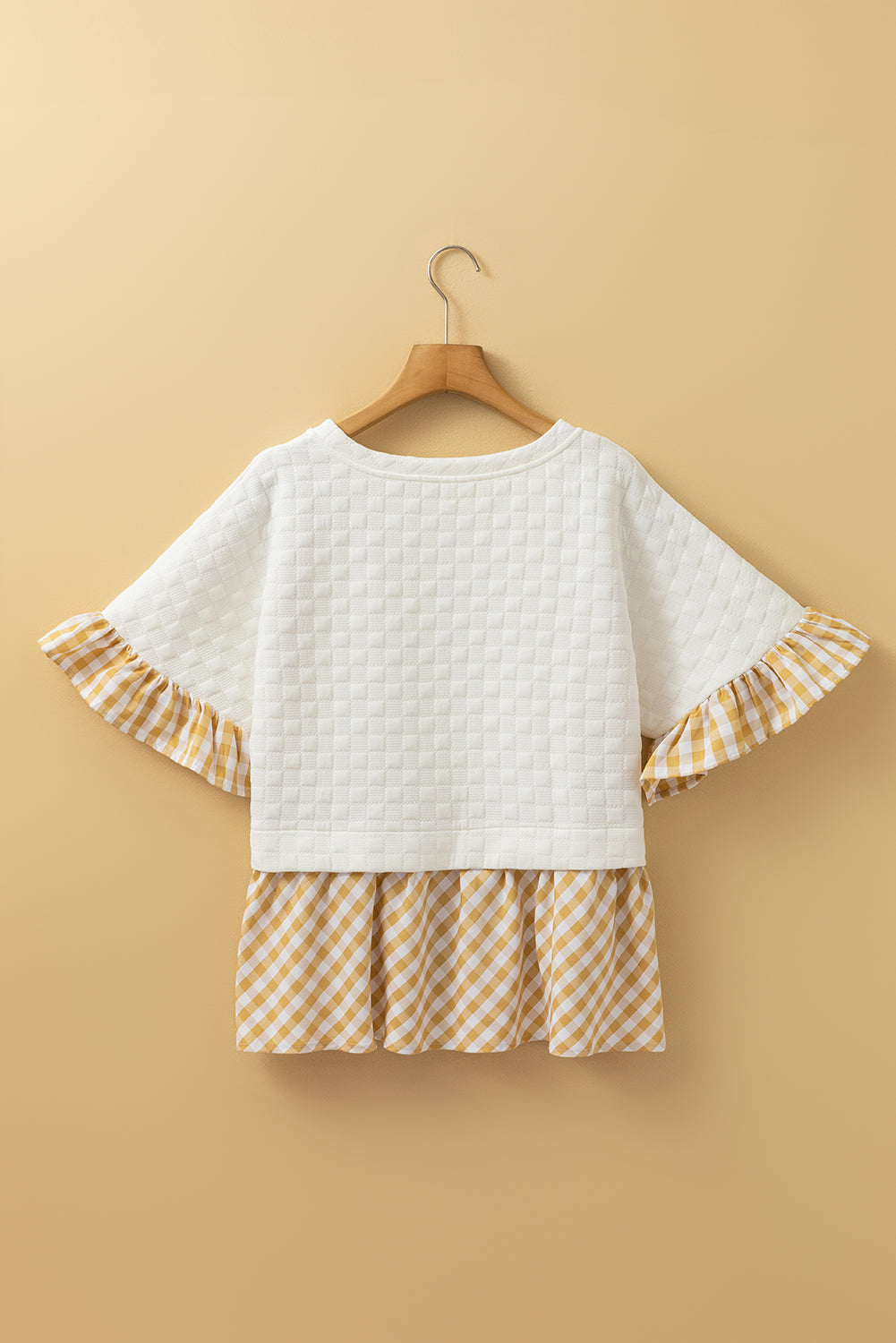 White Textured Checker Contrast Print Ruffled Sleeve Blouse