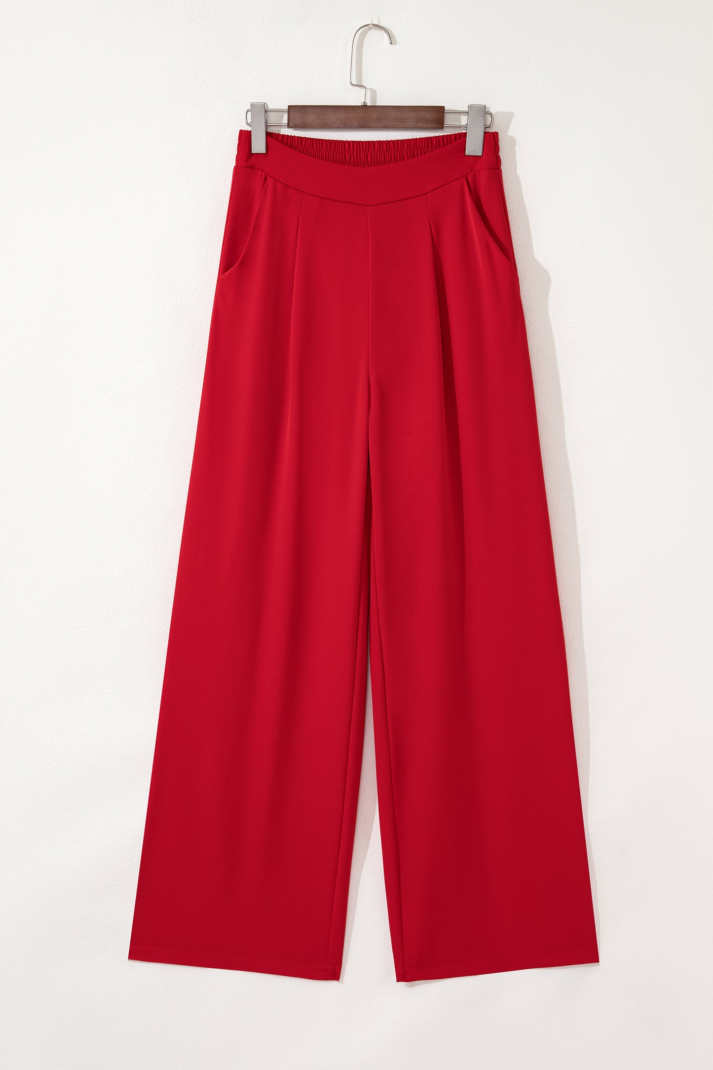 Fiery Red Pleated Detail Pull On High Elastic Waist Loose Straight Pants