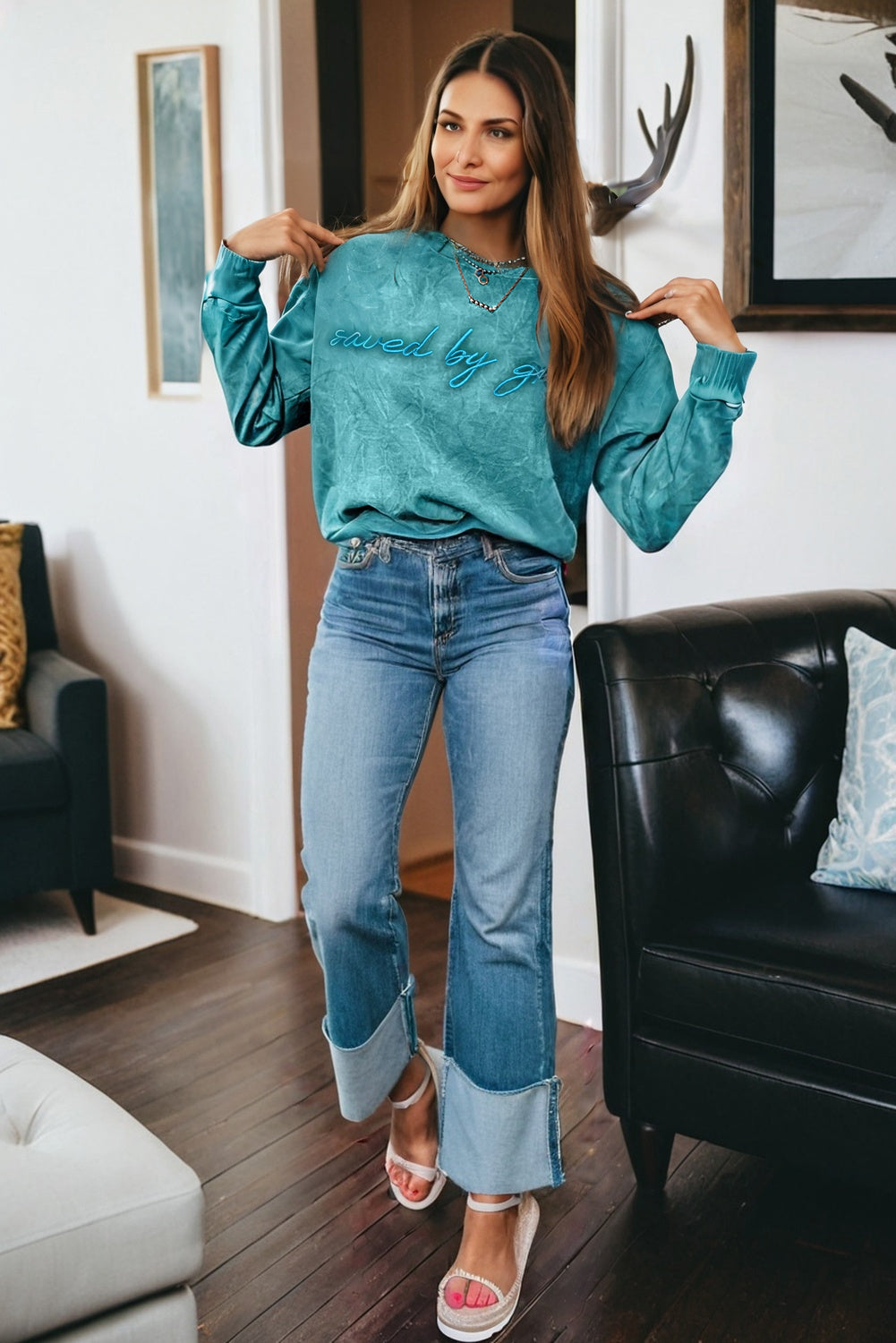 Real Teal saved by grace Letter Embroidery Mineral Wash Loose Sweatshirt