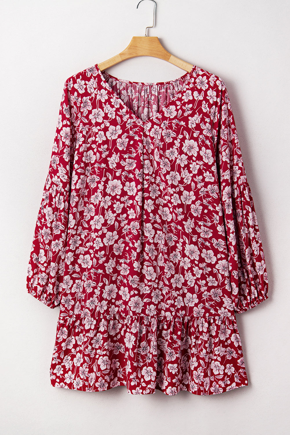 Purple Plus Floral Balloon Sleeve V Neck Relaxed Dress