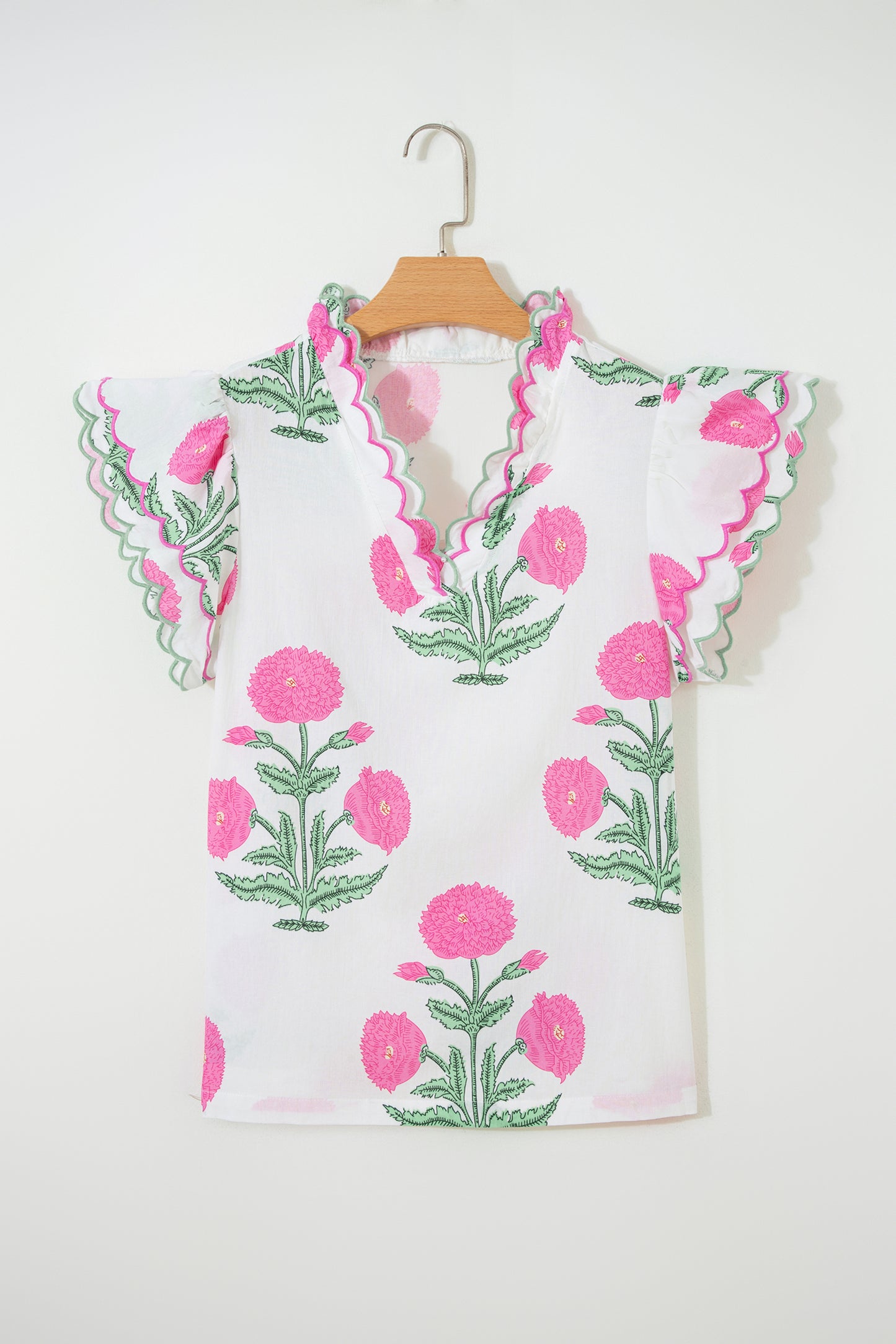 Pink Wild Flower Print Contrast Trim Scallop Detail Short Sleeve Blouse