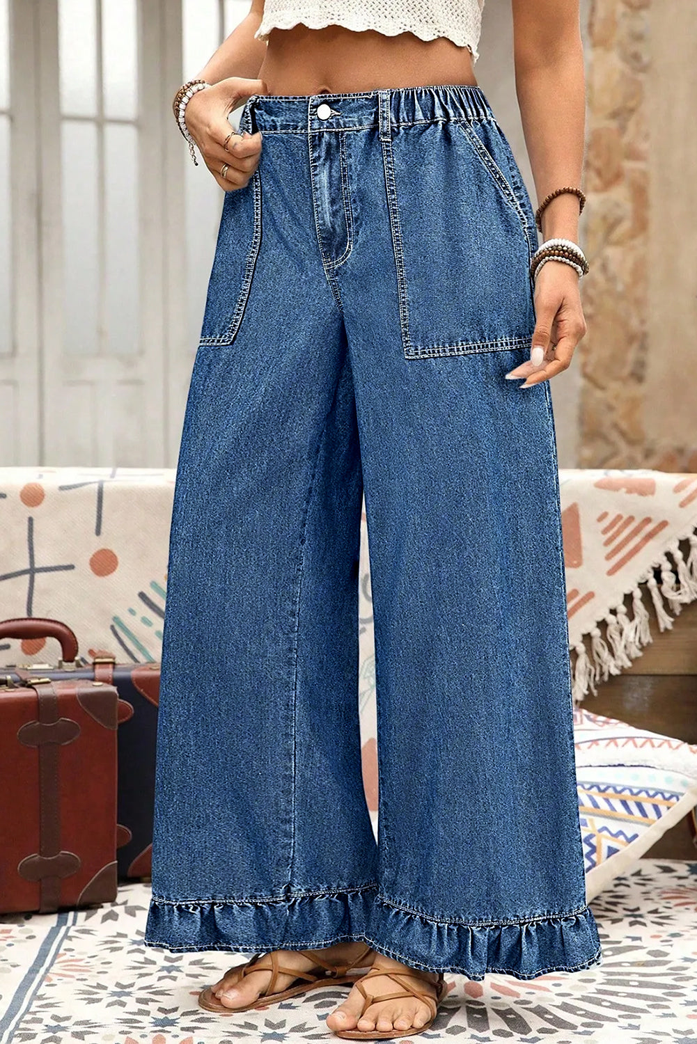 Black Plus Size Elastic Waist Ruffled Wide Leg Denim Pants