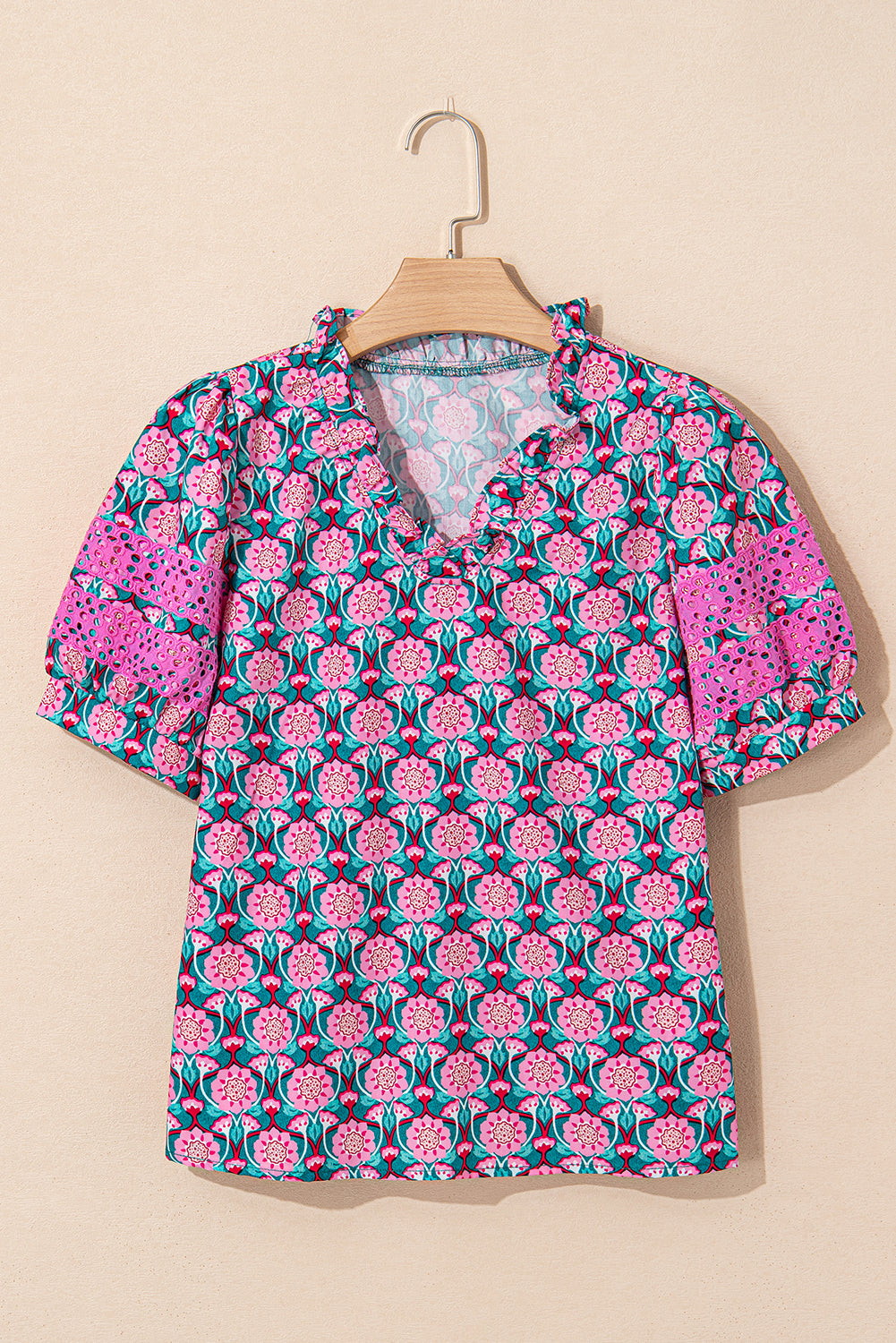 Sachet Pink V-Neck Ruffle Abstract Floral Print Puff Sleeve Top