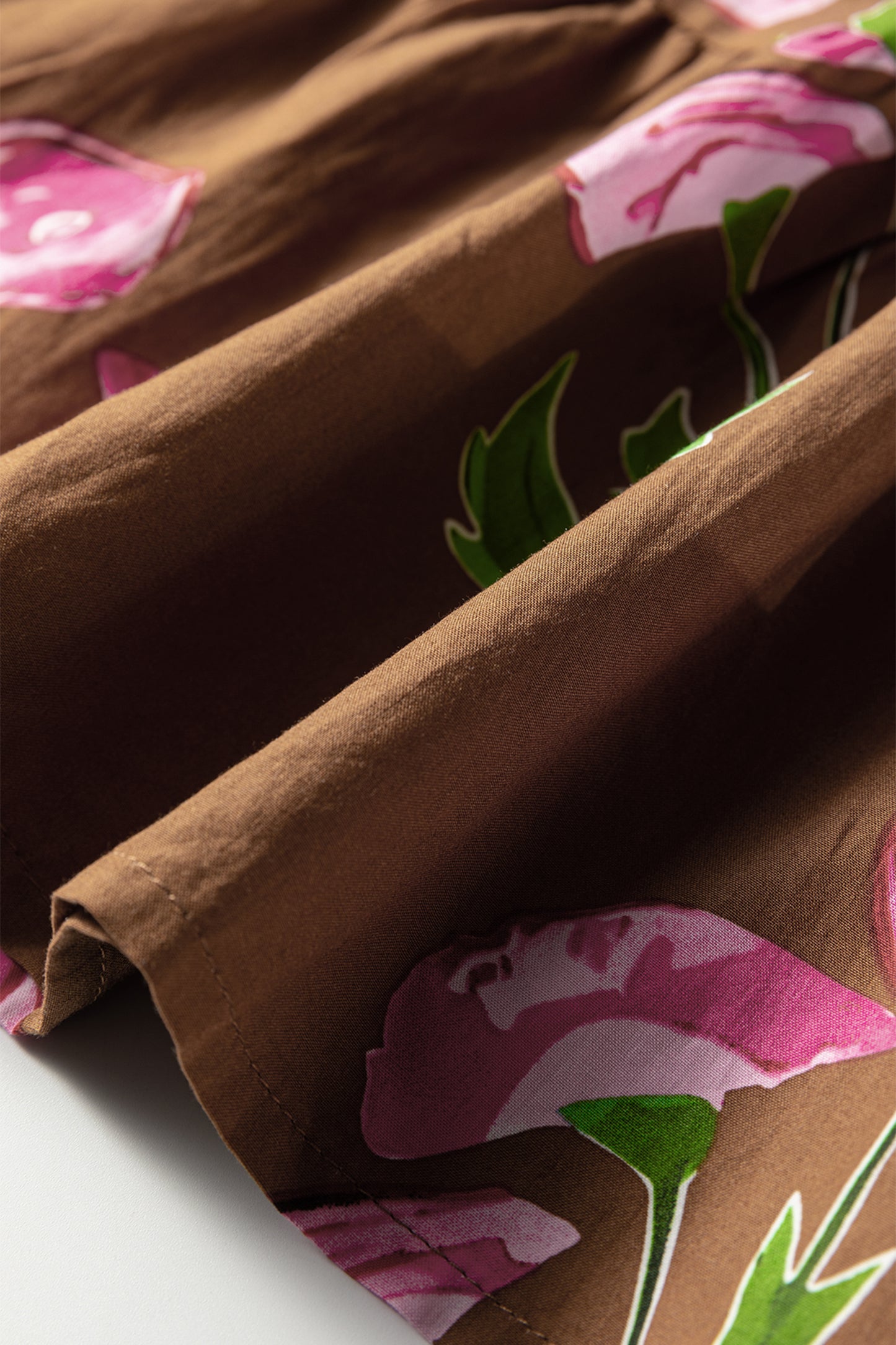 Brown Contrast Floral Print Babydoll Tunic Ruffled Hem Puff Sleeve Dress