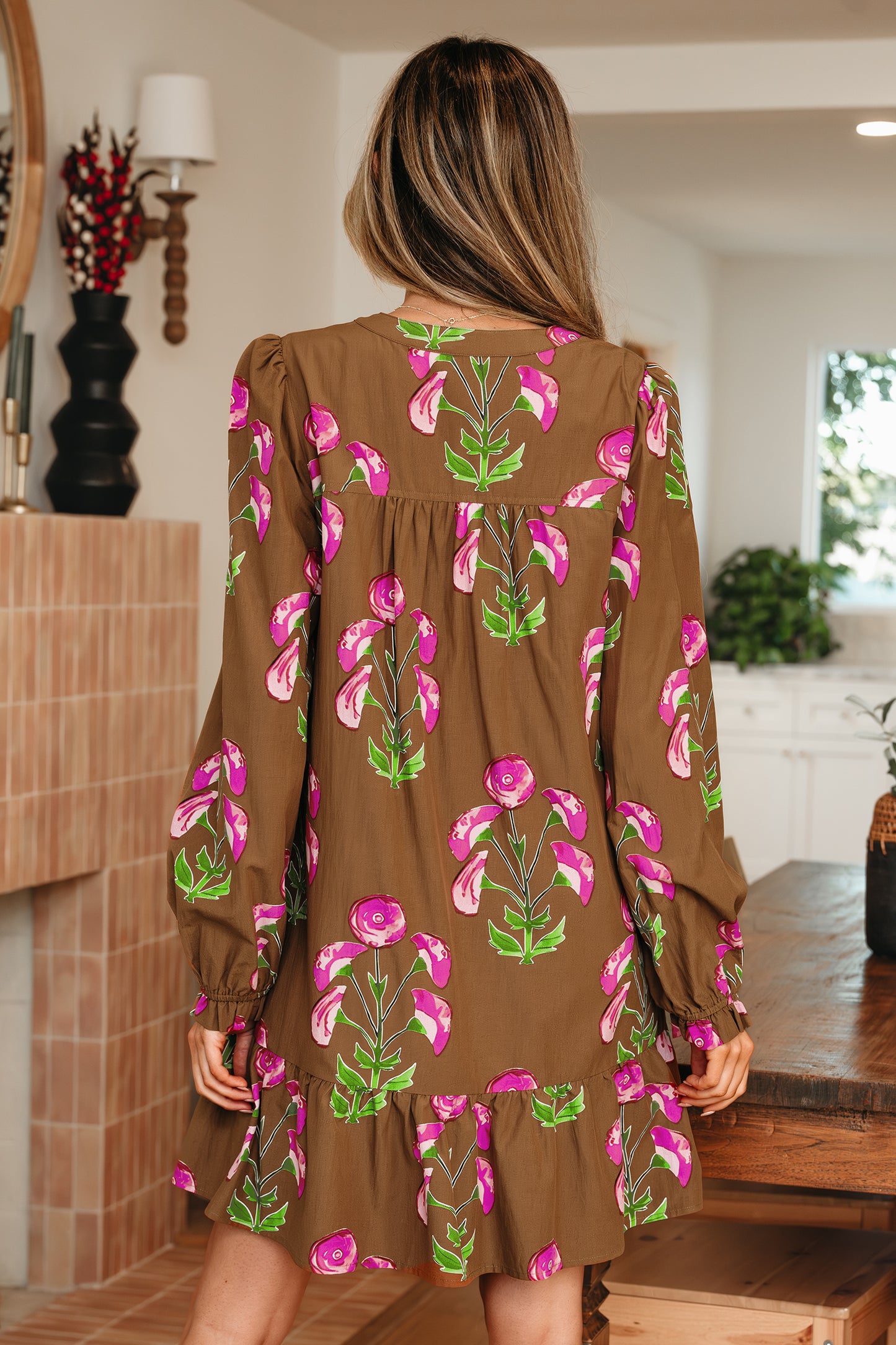 Brown Contrast Floral Print Babydoll Tunic Ruffled Hem Puff Sleeve Dress